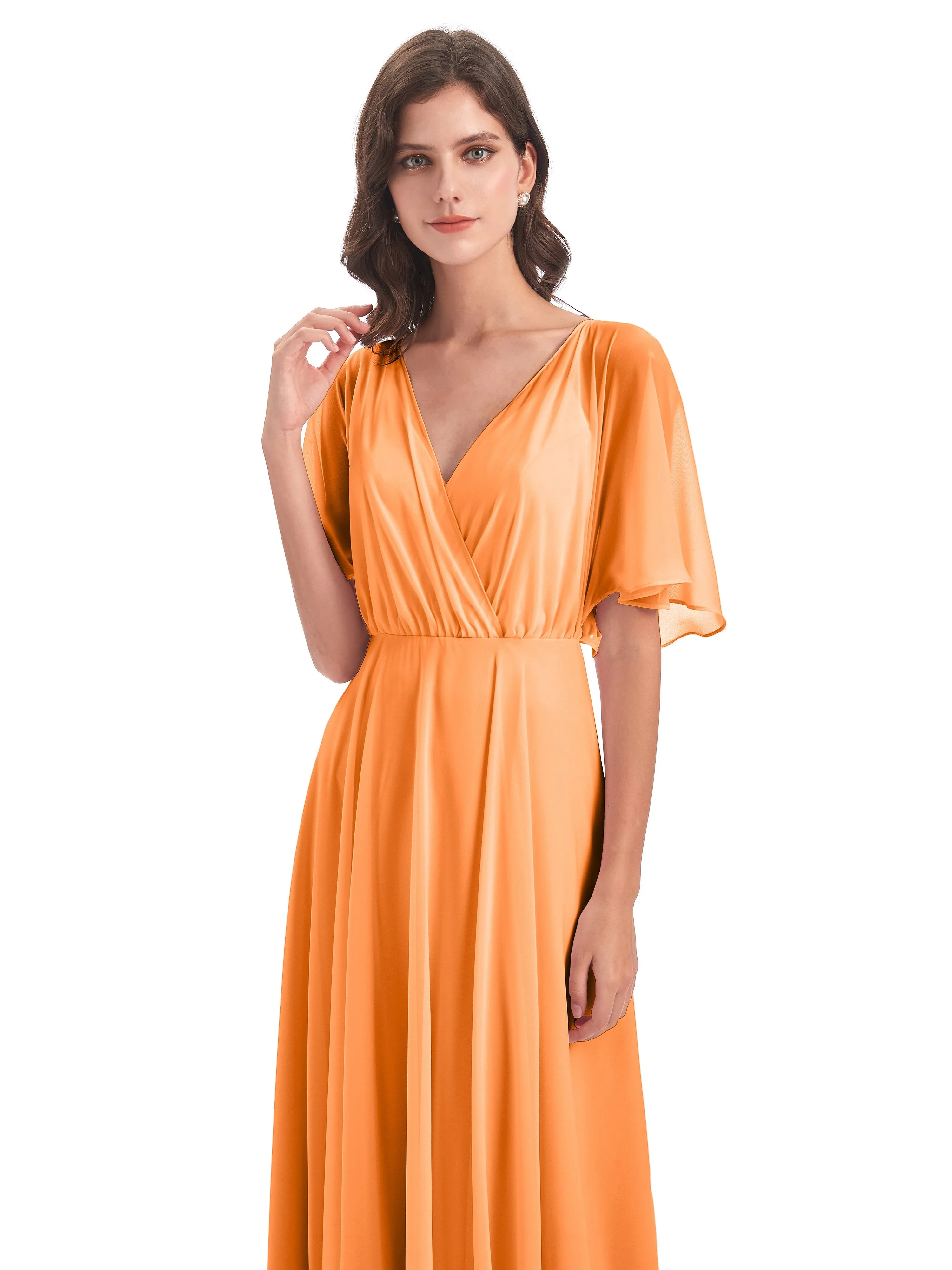 Ada Casual Chiffon A-line Short Sleeves Long Chiffon Bridesmaid Dresses