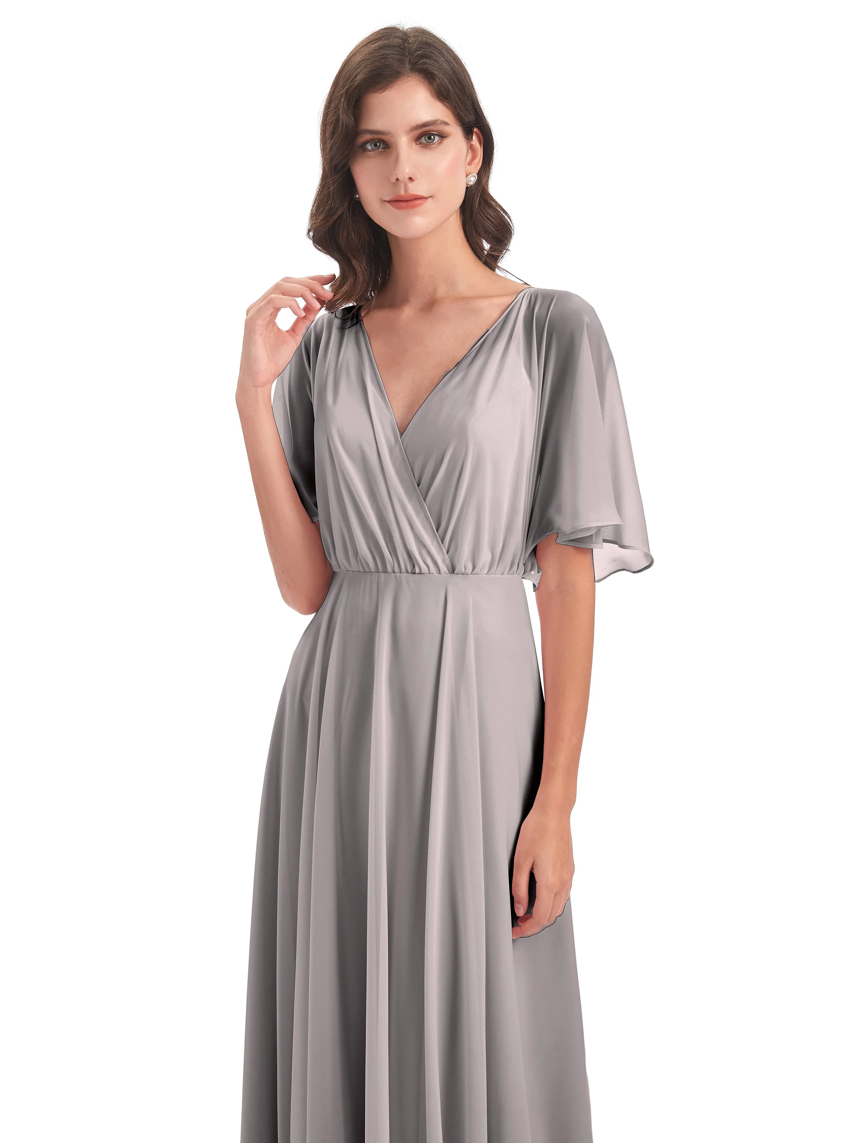 Ada Casual Chiffon A-line Short Sleeves Long Chiffon Bridesmaid Dresses