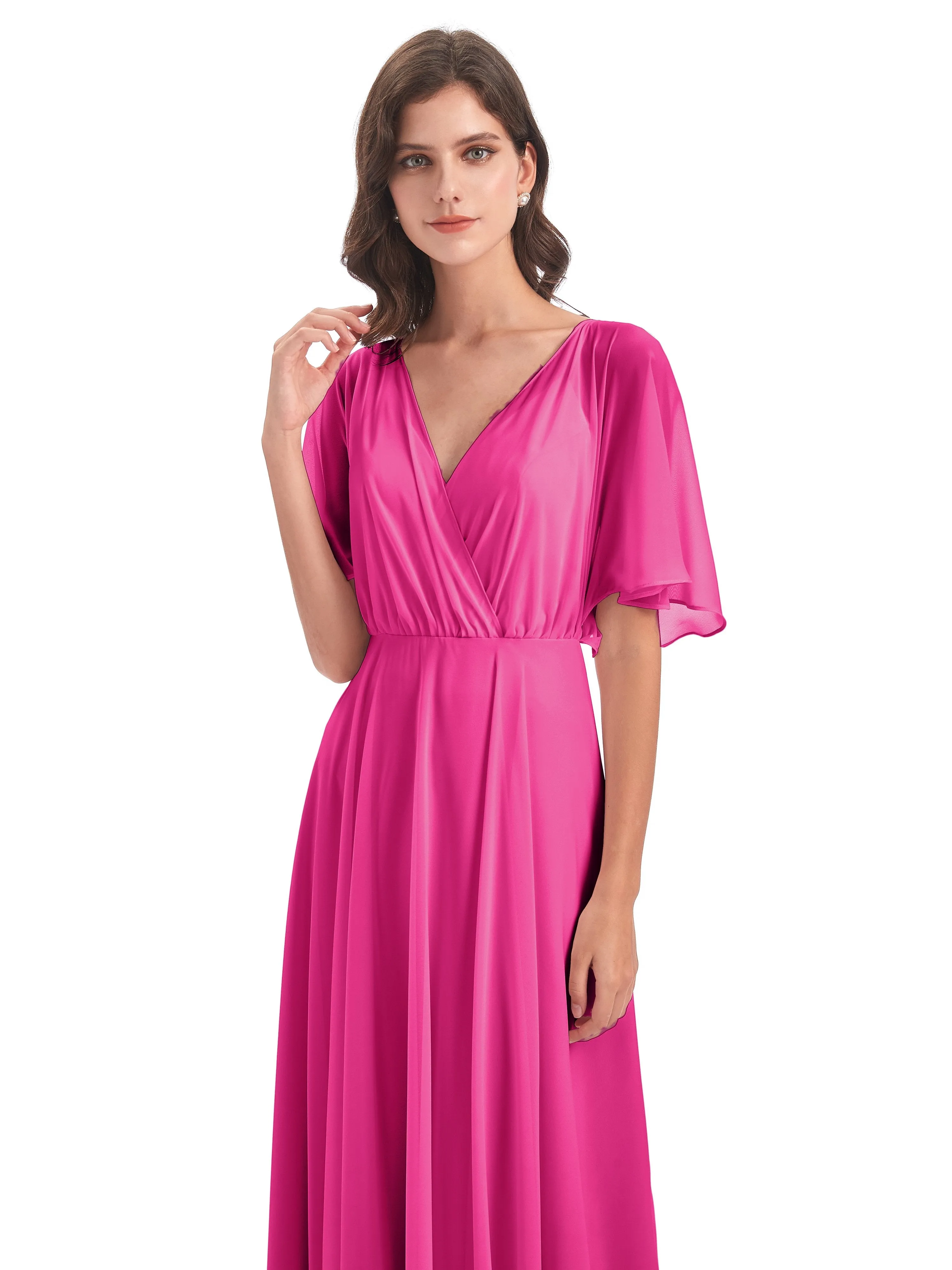 Ada Casual Chiffon A-line Short Sleeves Long Chiffon Bridesmaid Dresses