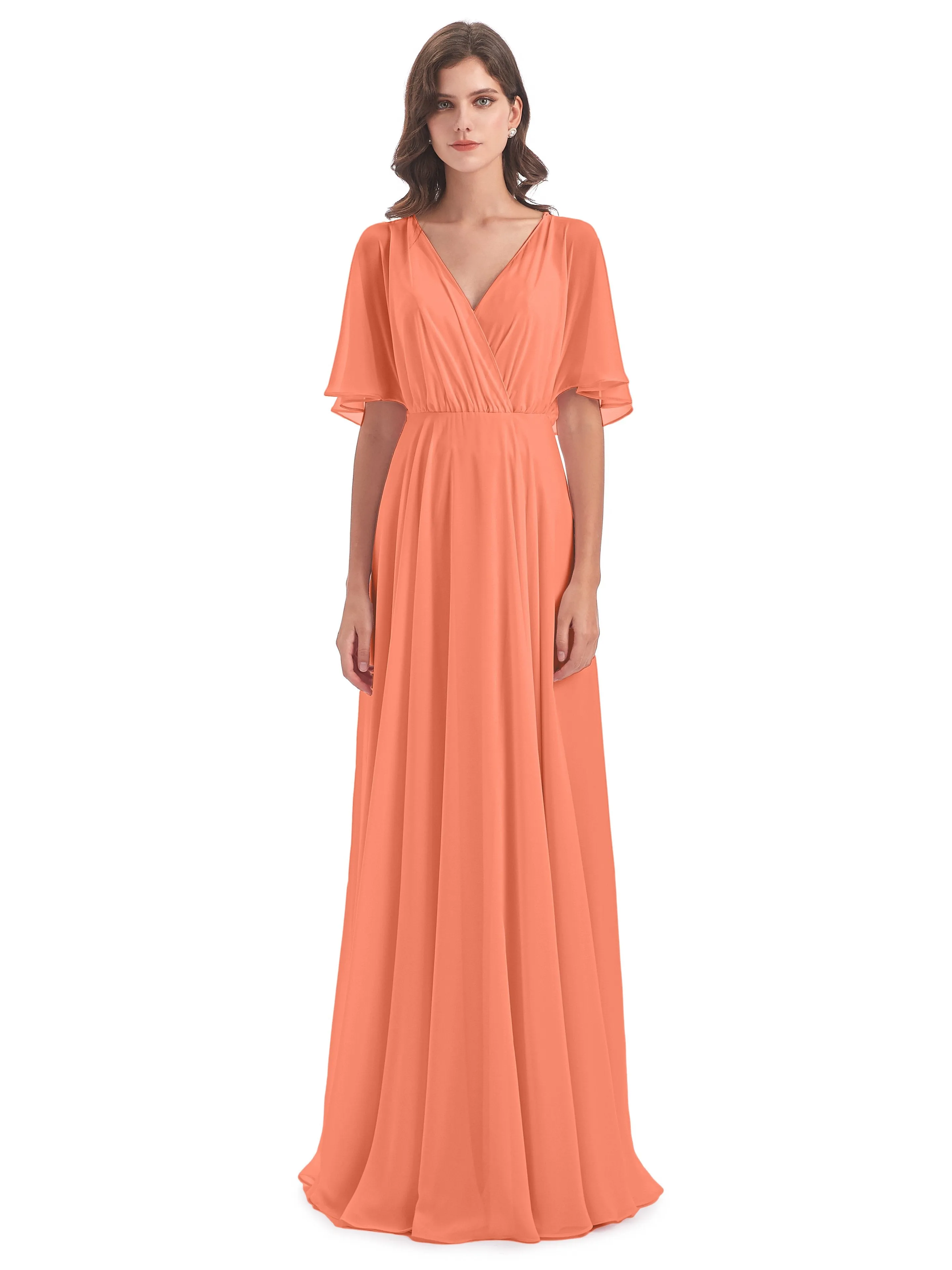 Ada Casual Chiffon A-line Short Sleeves Long Chiffon Bridesmaid Dresses