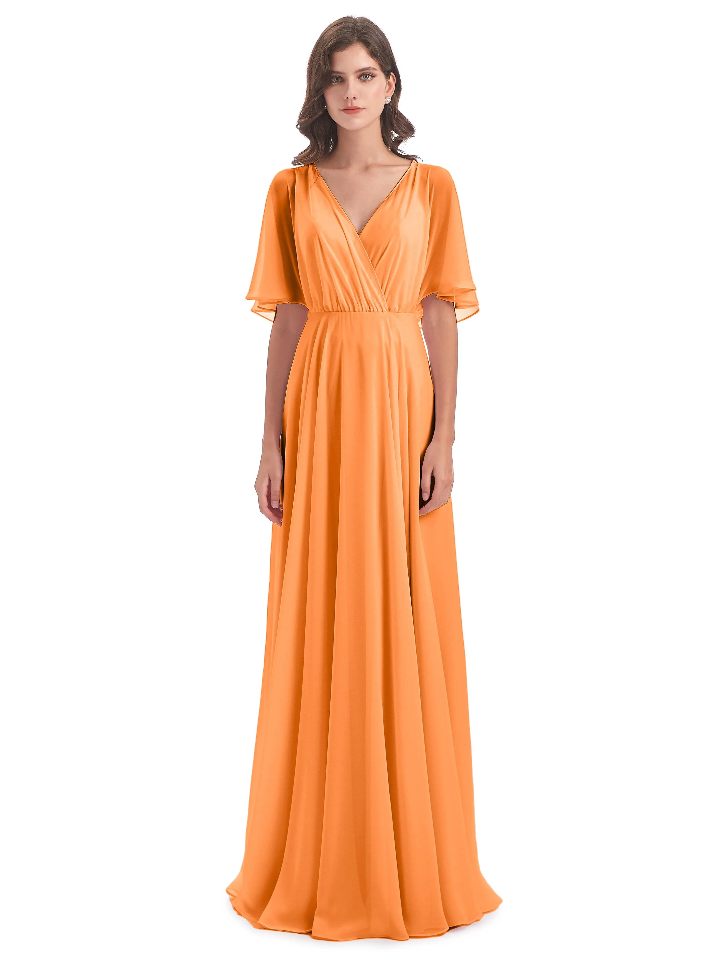 Ada Casual Chiffon A-line Short Sleeves Long Chiffon Bridesmaid Dresses