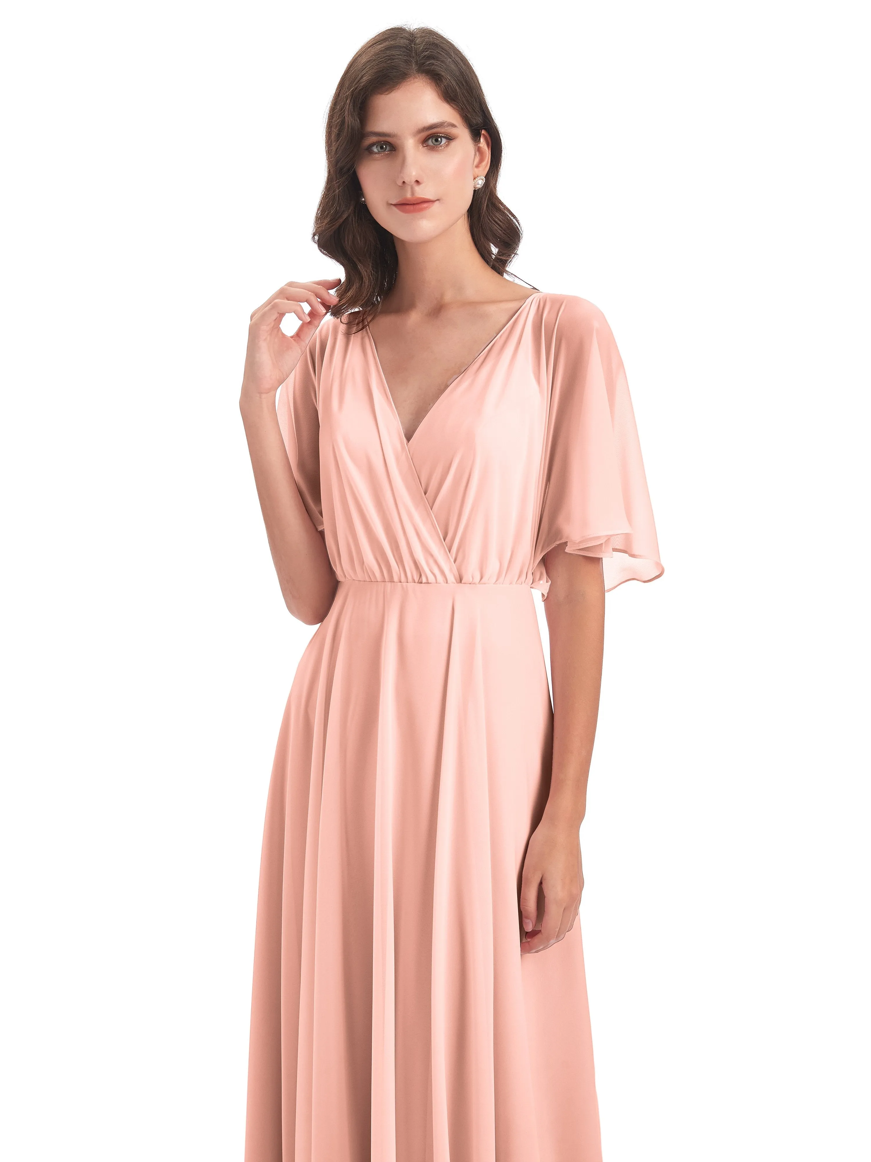 Ada Casual Chiffon A-line Short Sleeves Long Chiffon Bridesmaid Dresses