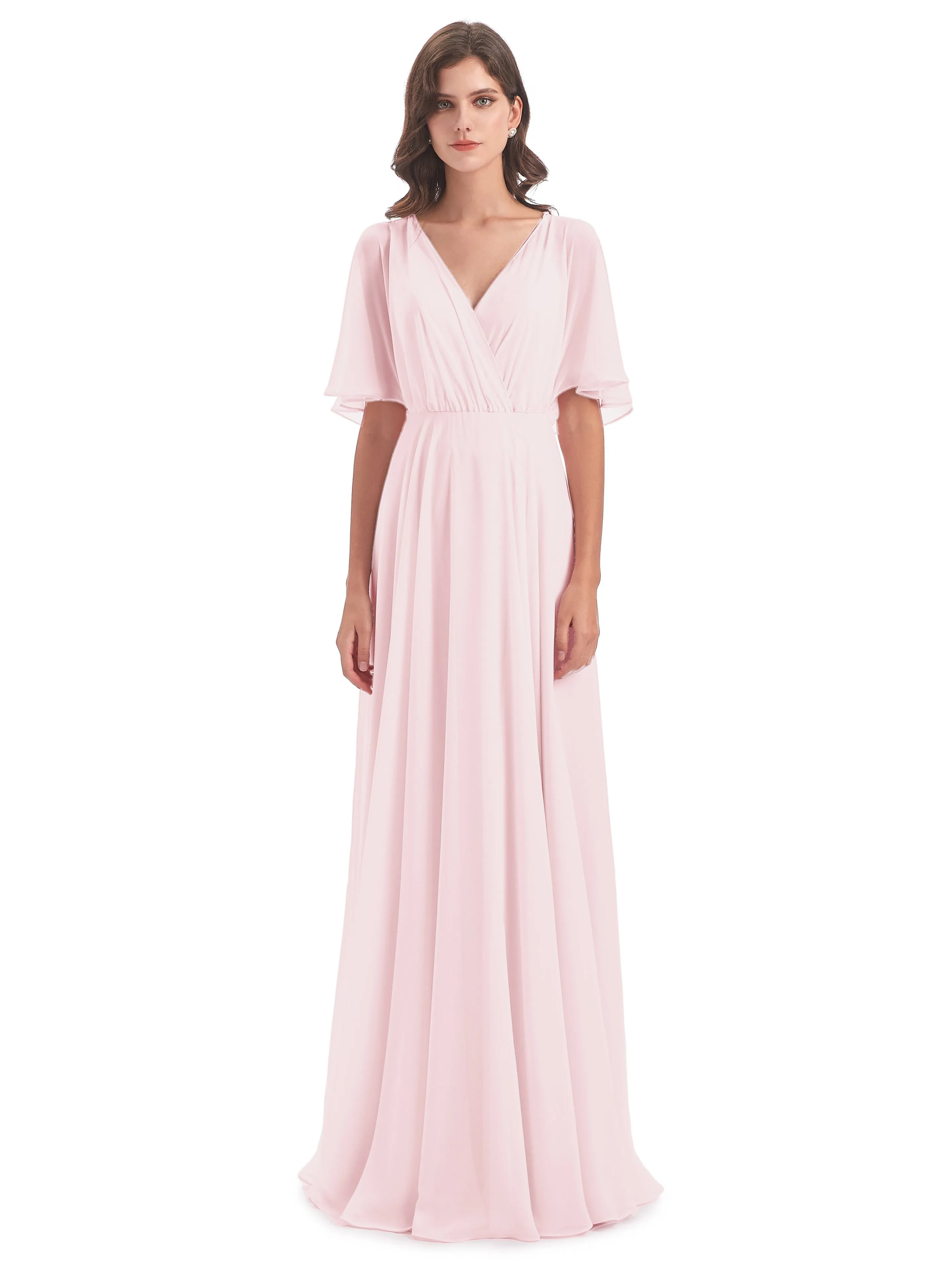 Ada Casual Chiffon A-line Short Sleeves Long Chiffon Bridesmaid Dresses