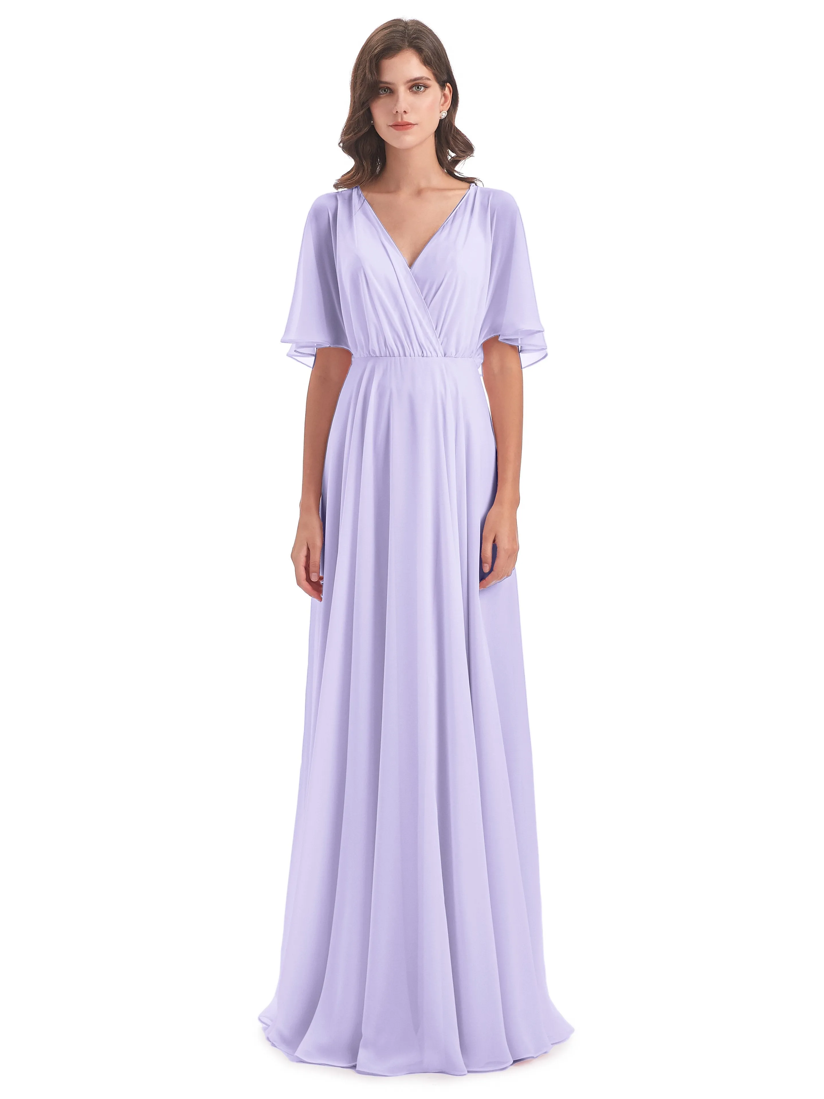 Ada Casual Chiffon A-line Short Sleeves Long Chiffon Bridesmaid Dresses