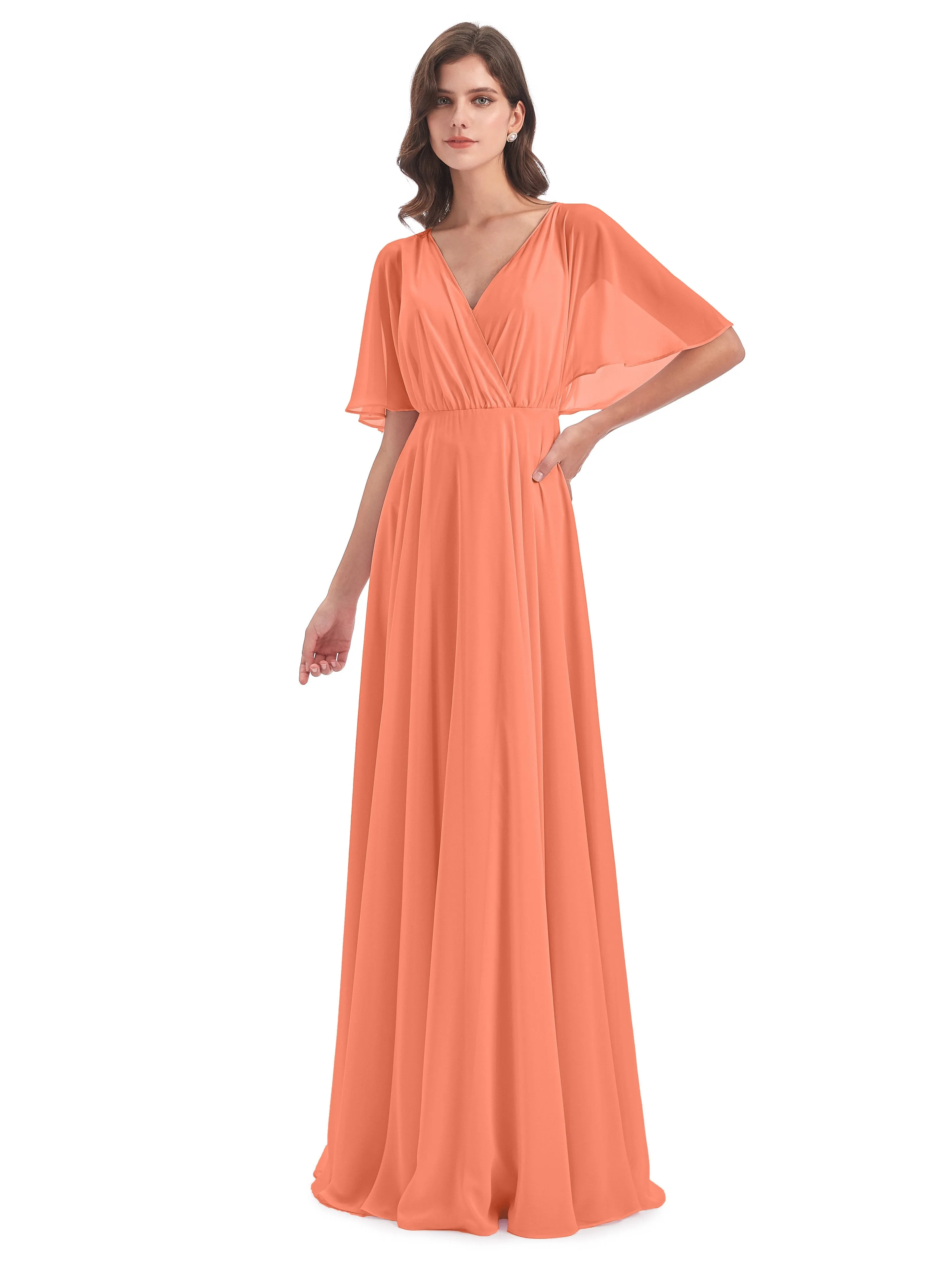 Ada Casual Chiffon A-line Short Sleeves Long Chiffon Bridesmaid Dresses