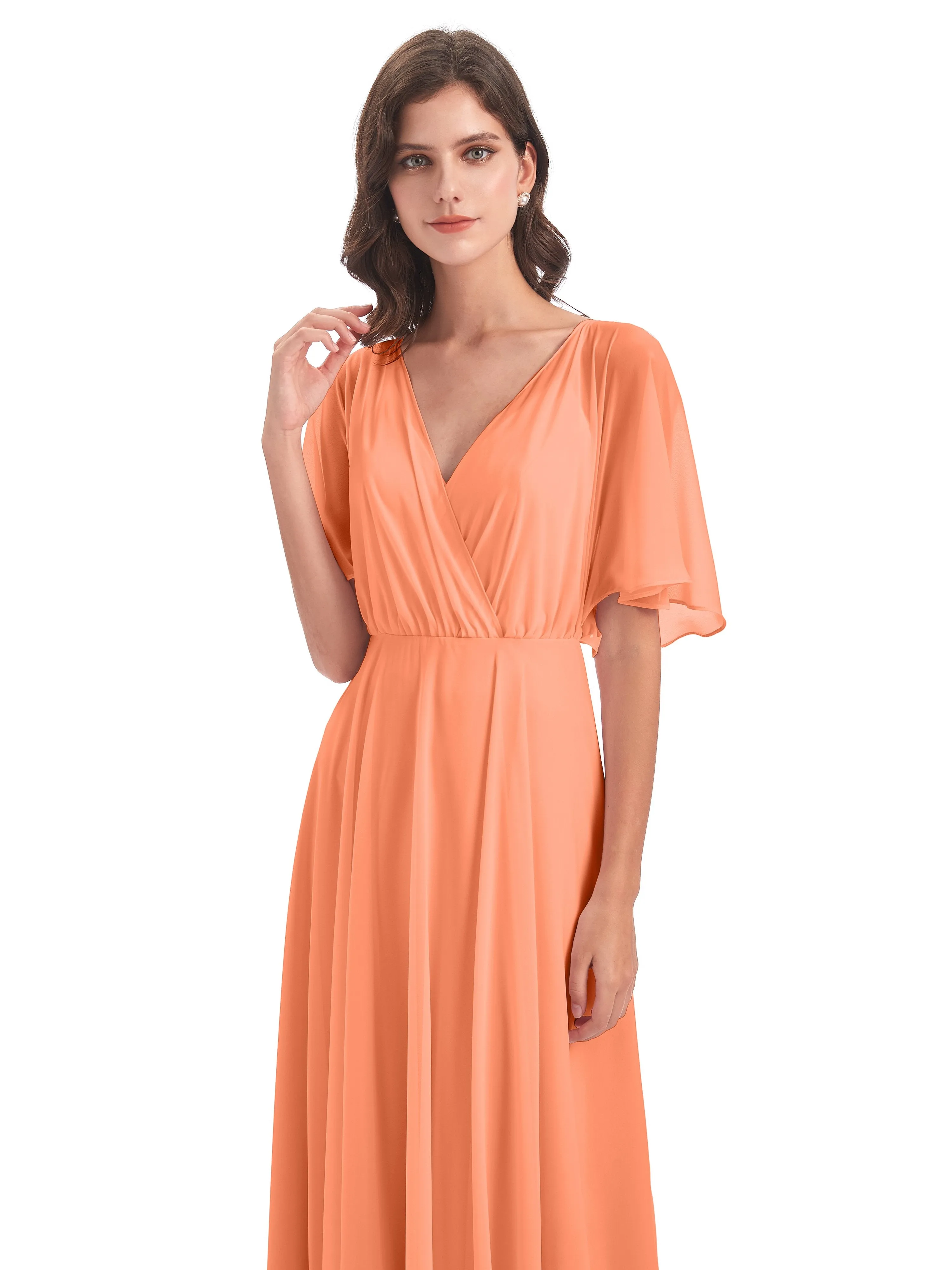 Ada Casual Chiffon A-line Short Sleeves Long Chiffon Bridesmaid Dresses