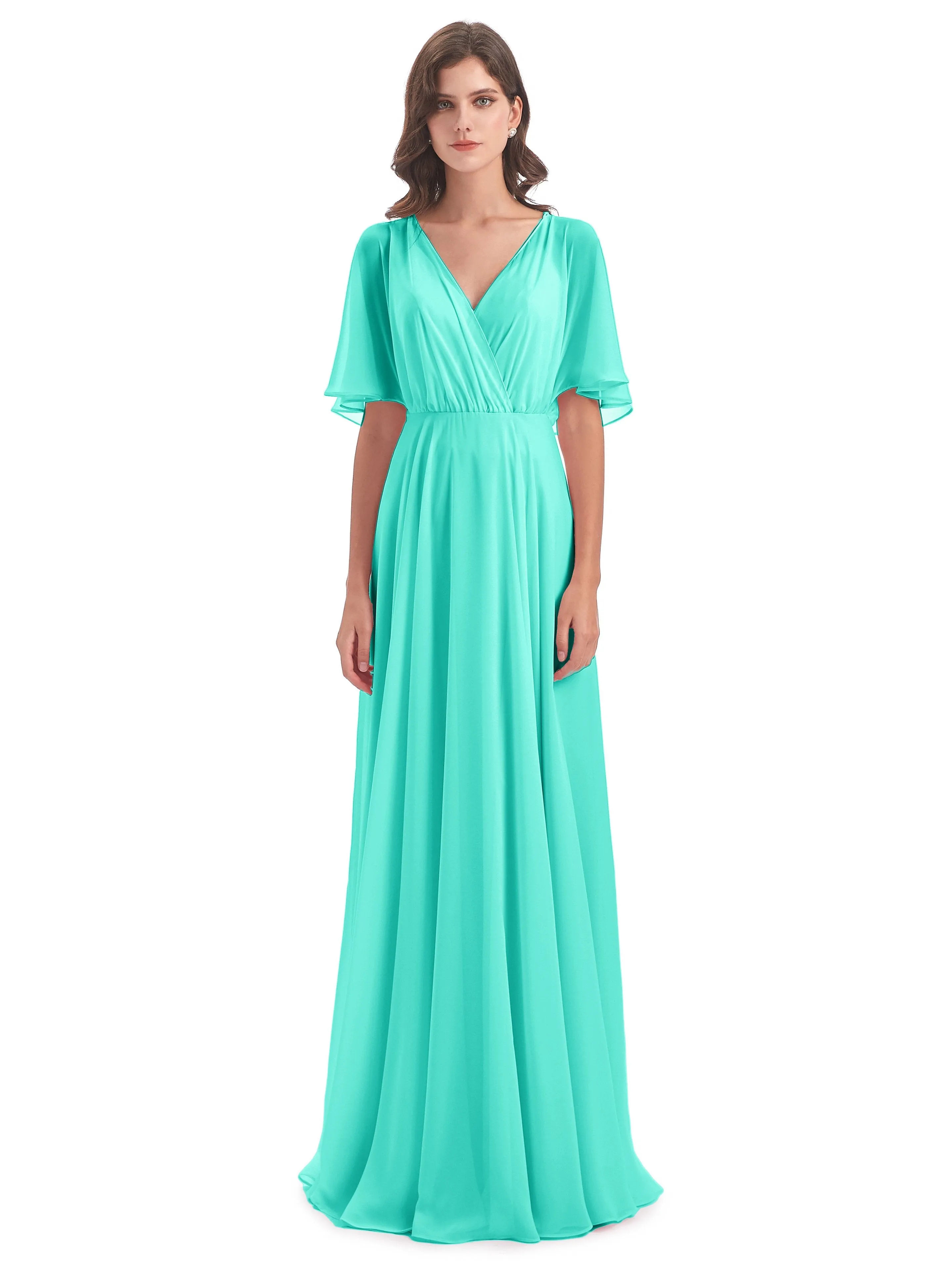 Ada Casual Chiffon A-line Short Sleeves Long Chiffon Bridesmaid Dresses