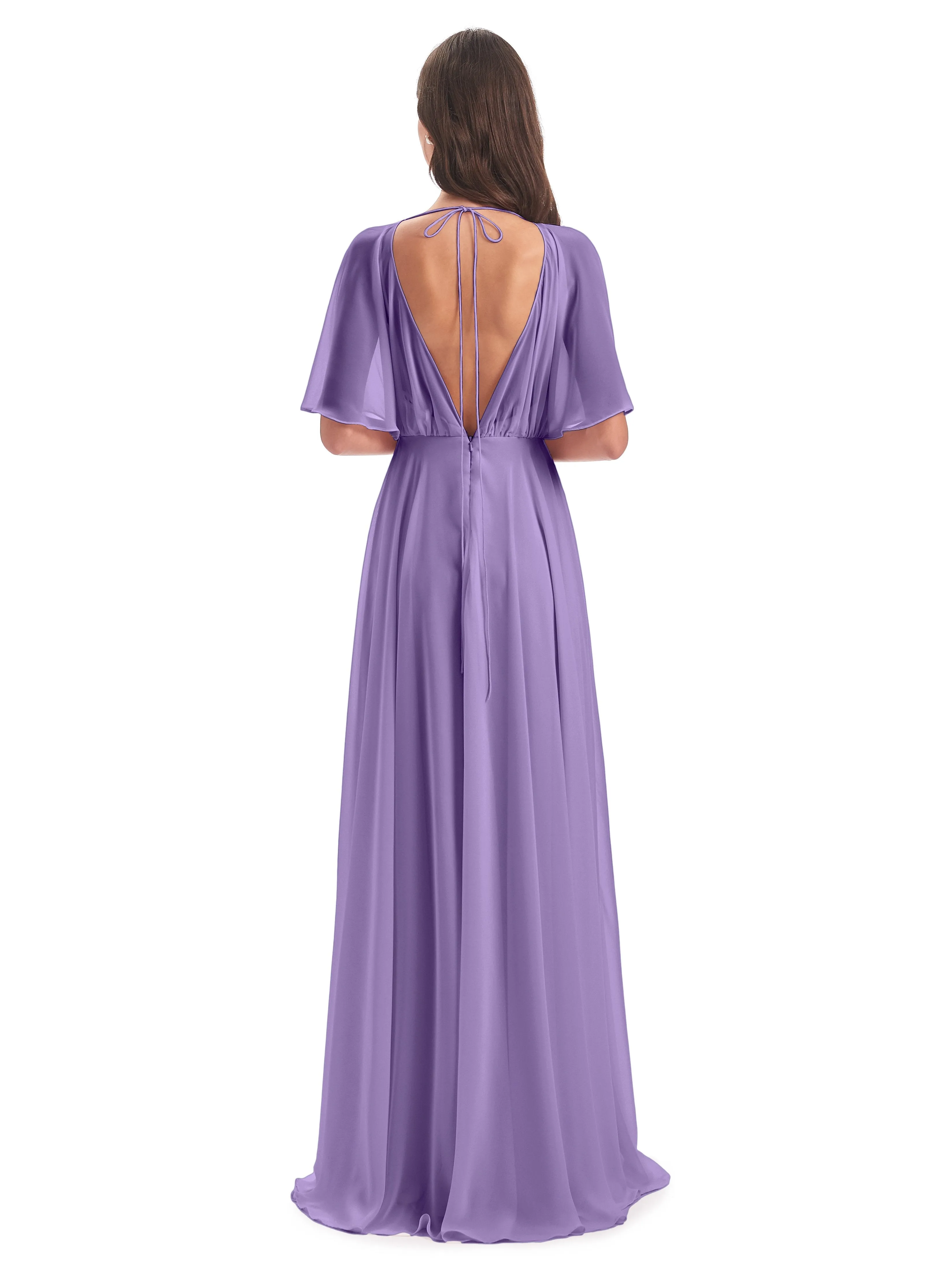 Ada Casual Chiffon A-line Short Sleeves Long Chiffon Bridesmaid Dresses