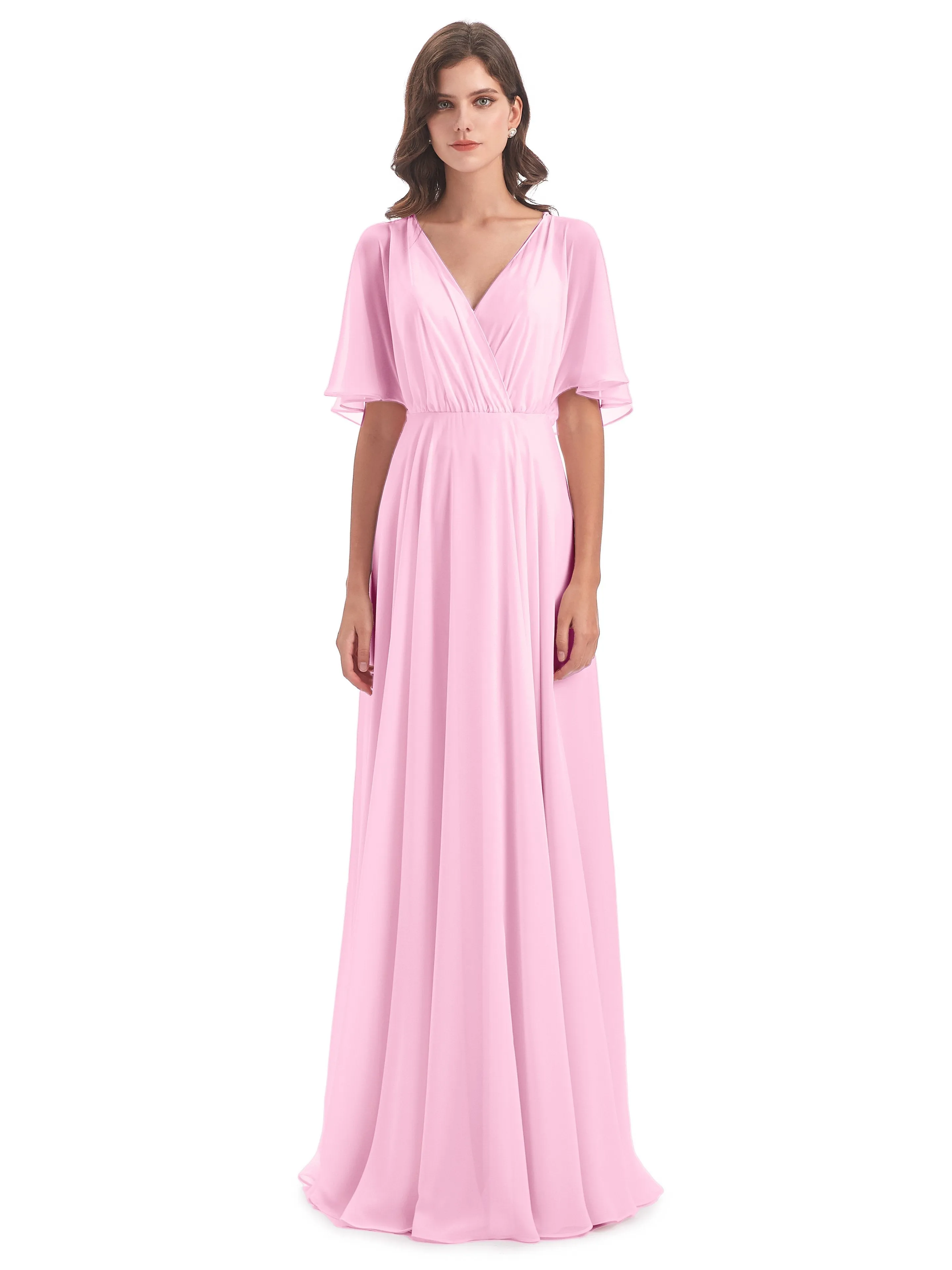 Ada Casual Chiffon A-line Short Sleeves Long Chiffon Bridesmaid Dresses