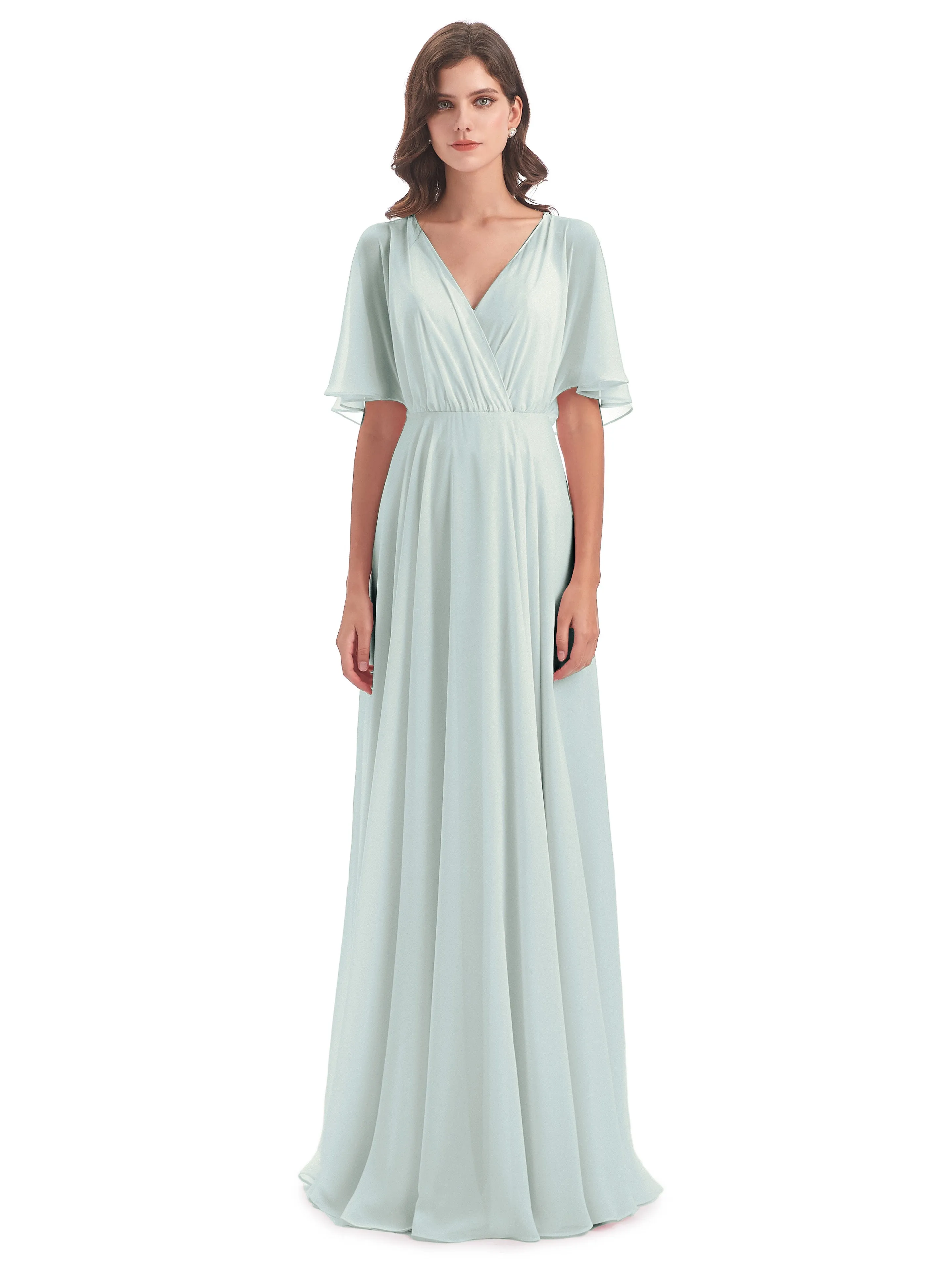 Ada Casual Chiffon A-line Short Sleeves Long Chiffon Bridesmaid Dresses