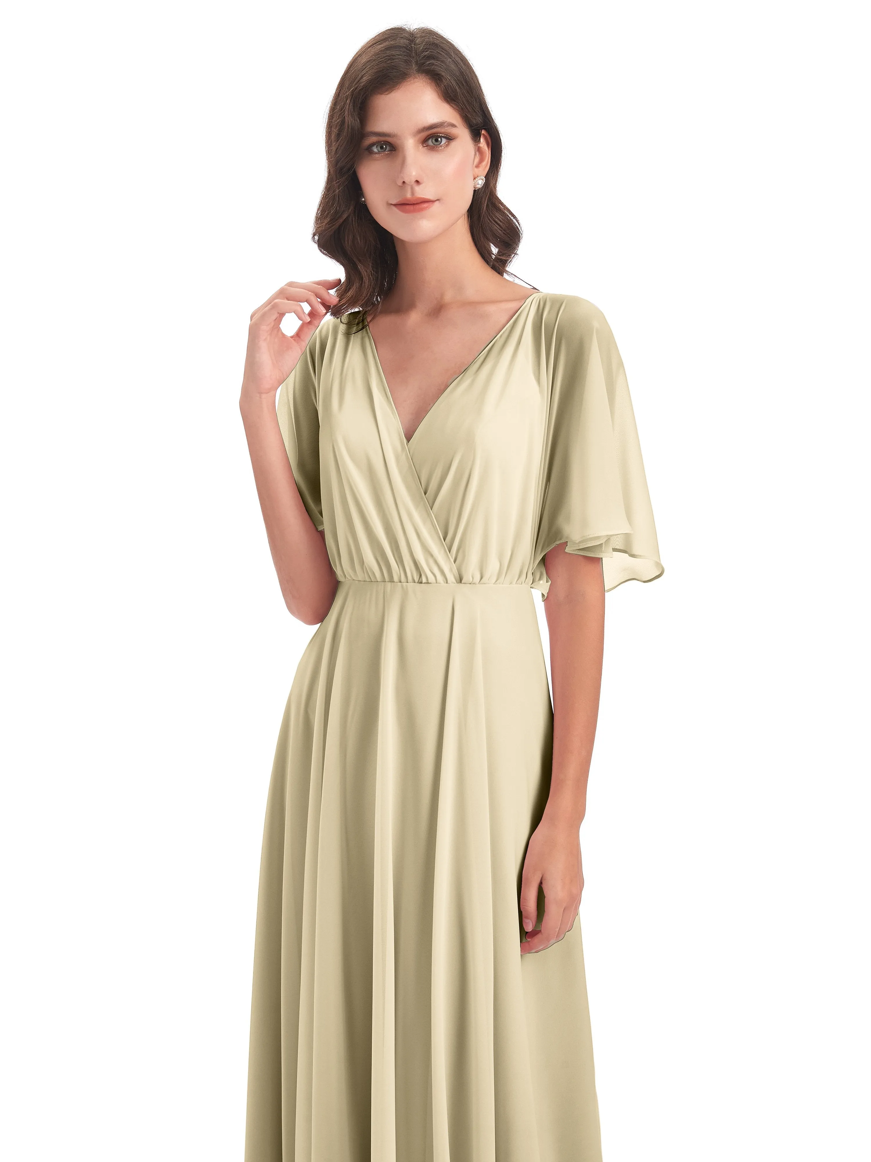 Ada Casual Chiffon A-line Short Sleeves Long Chiffon Bridesmaid Dresses