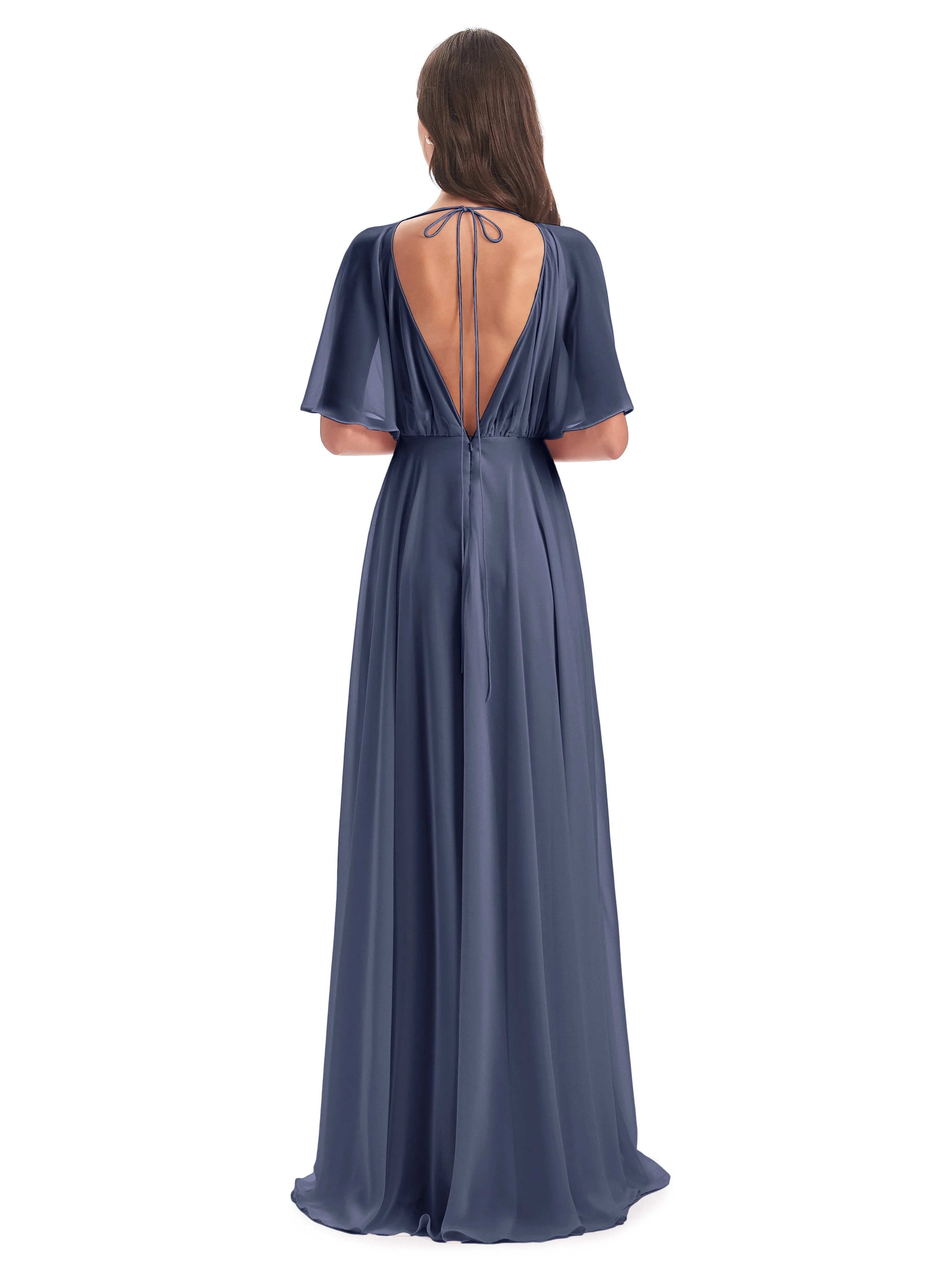 Ada Casual Chiffon A-line Short Sleeves Long Chiffon Bridesmaid Dresses