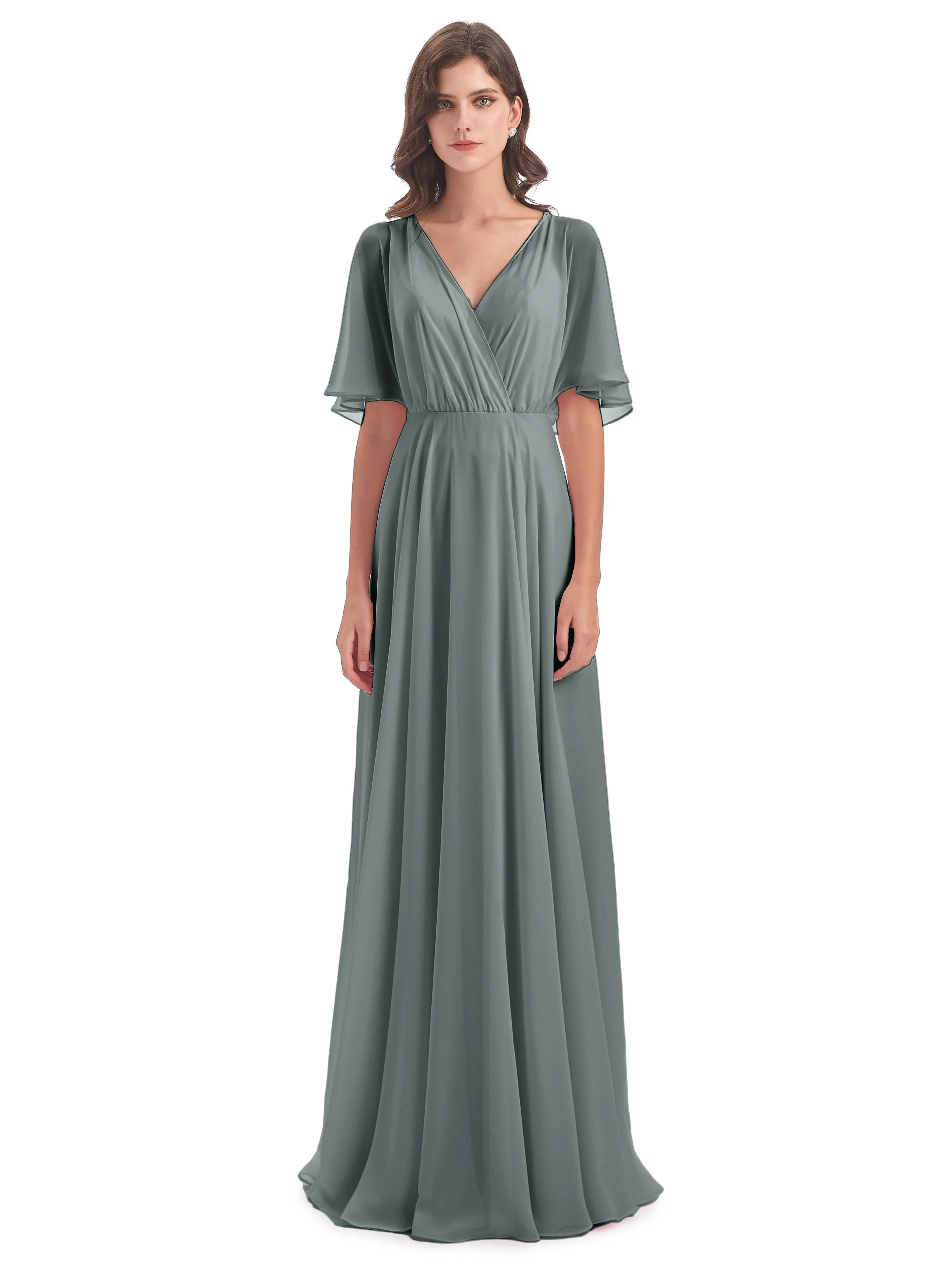 Ada Casual Chiffon A-line Short Sleeves Long Chiffon Bridesmaid Dresses