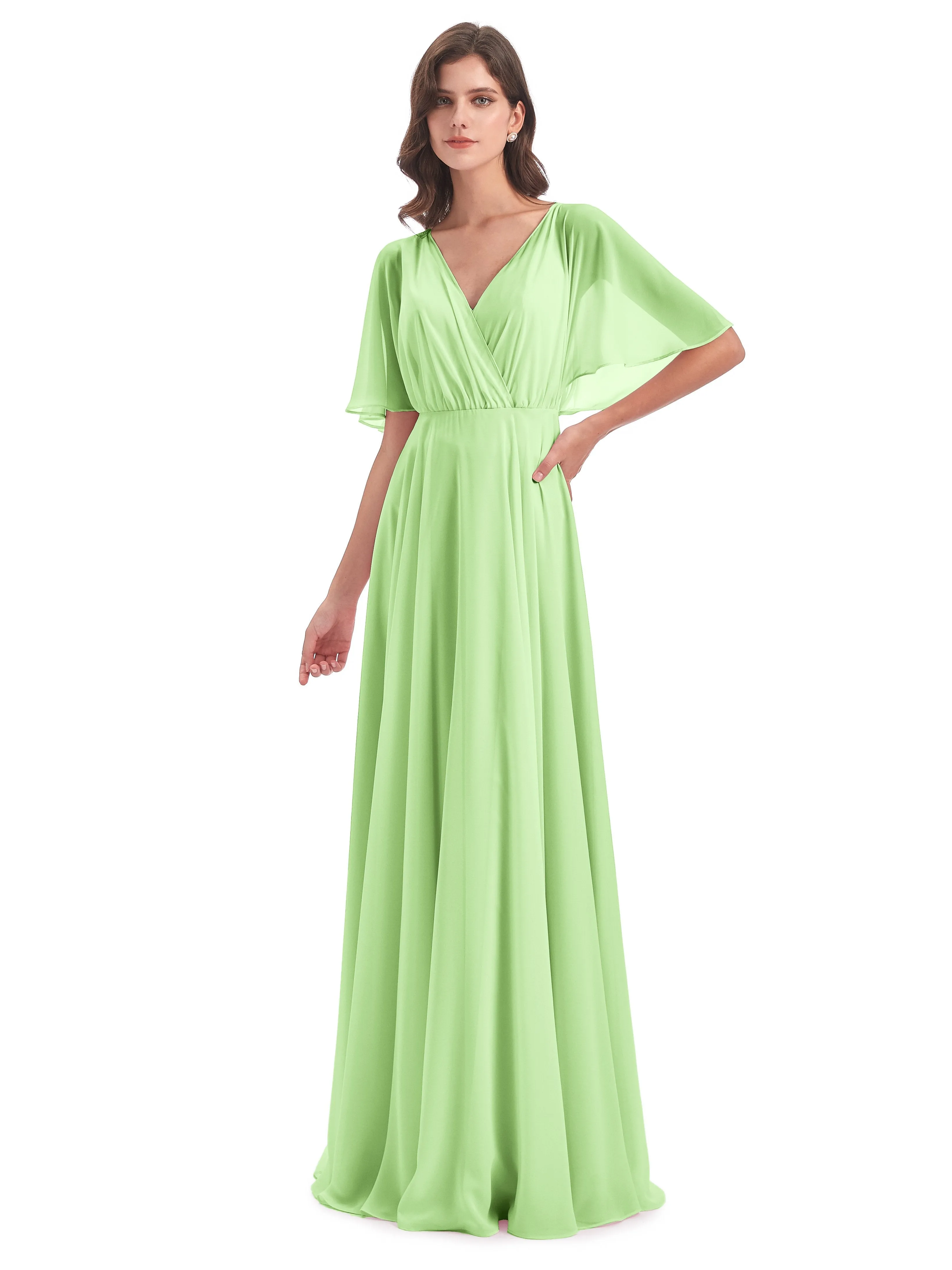 Ada Casual Chiffon A-line Short Sleeves Long Chiffon Bridesmaid Dresses