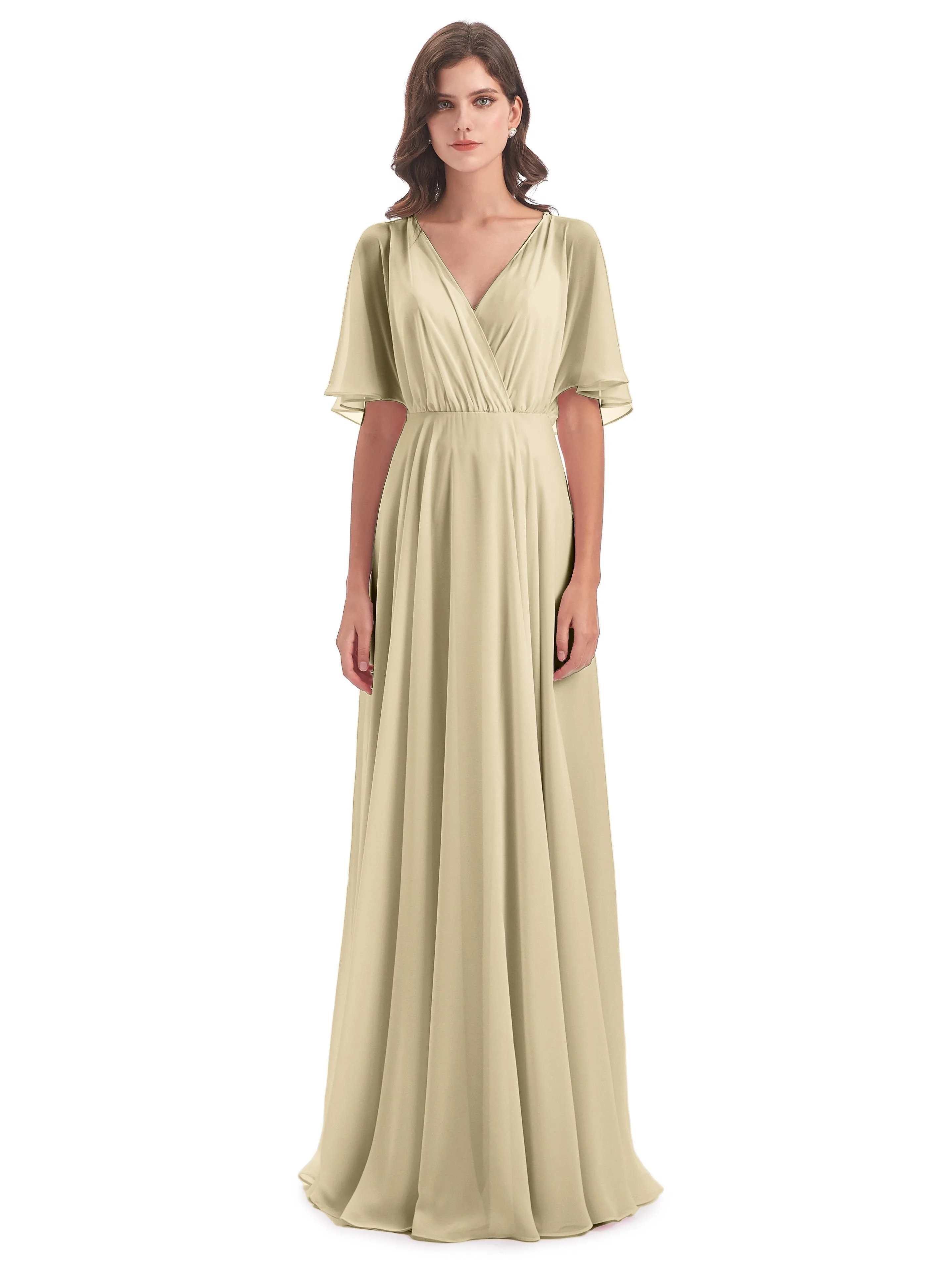 Ada Casual Chiffon A-line Short Sleeves Long Chiffon Bridesmaid Dresses