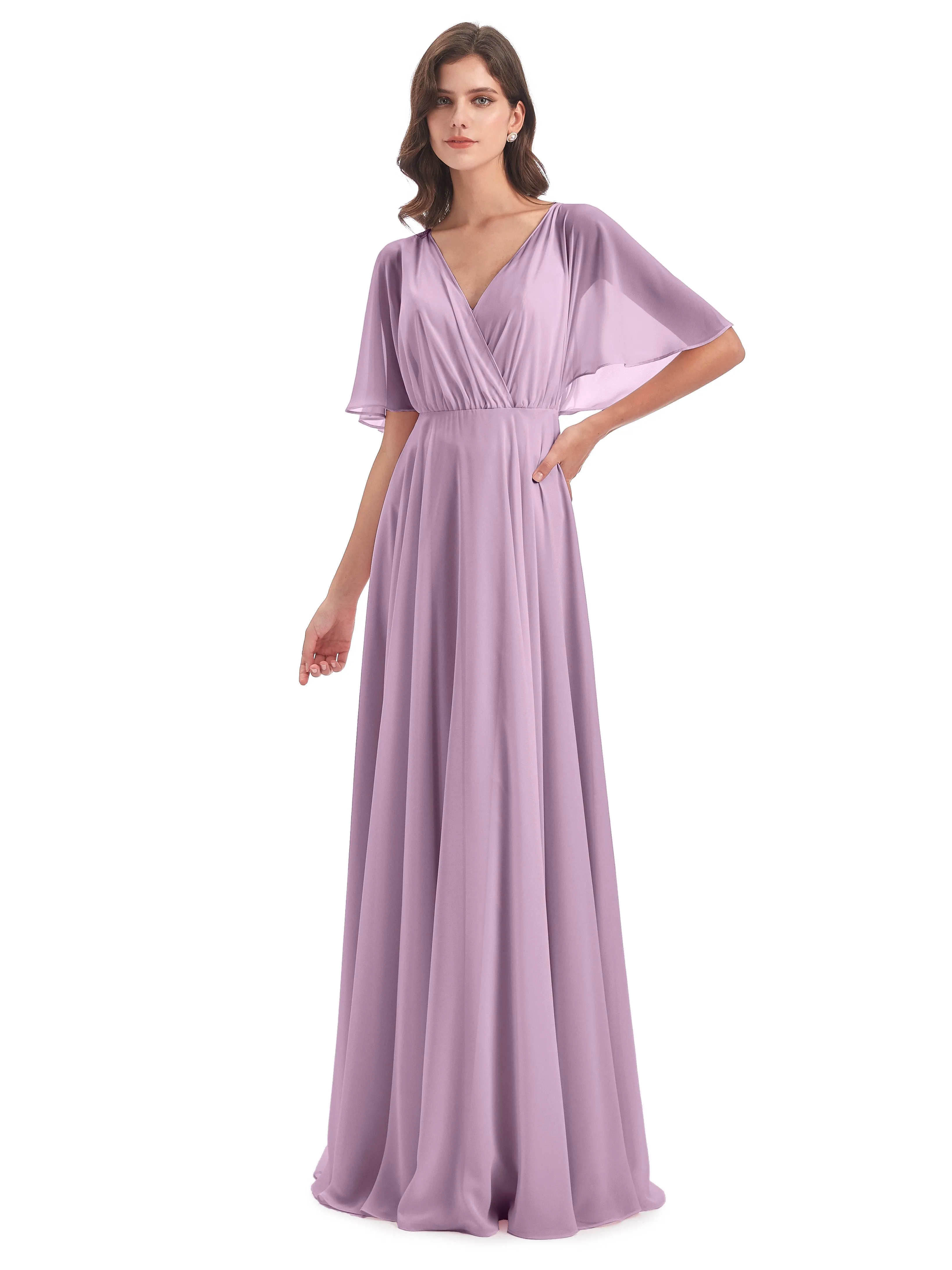 Ada Casual Chiffon A-line Short Sleeves Long Chiffon Bridesmaid Dresses