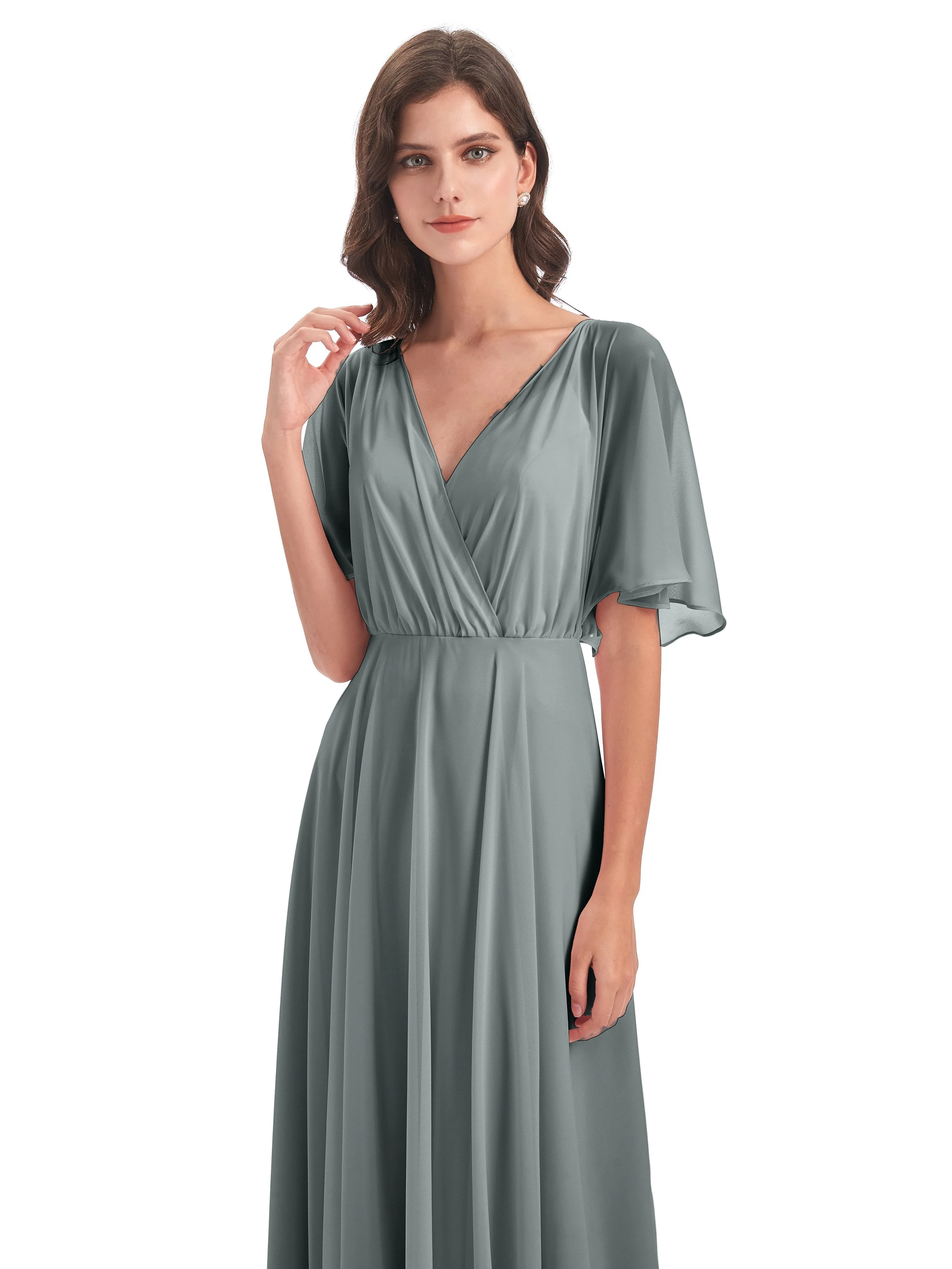 Ada Casual Chiffon A-line Short Sleeves Long Chiffon Bridesmaid Dresses