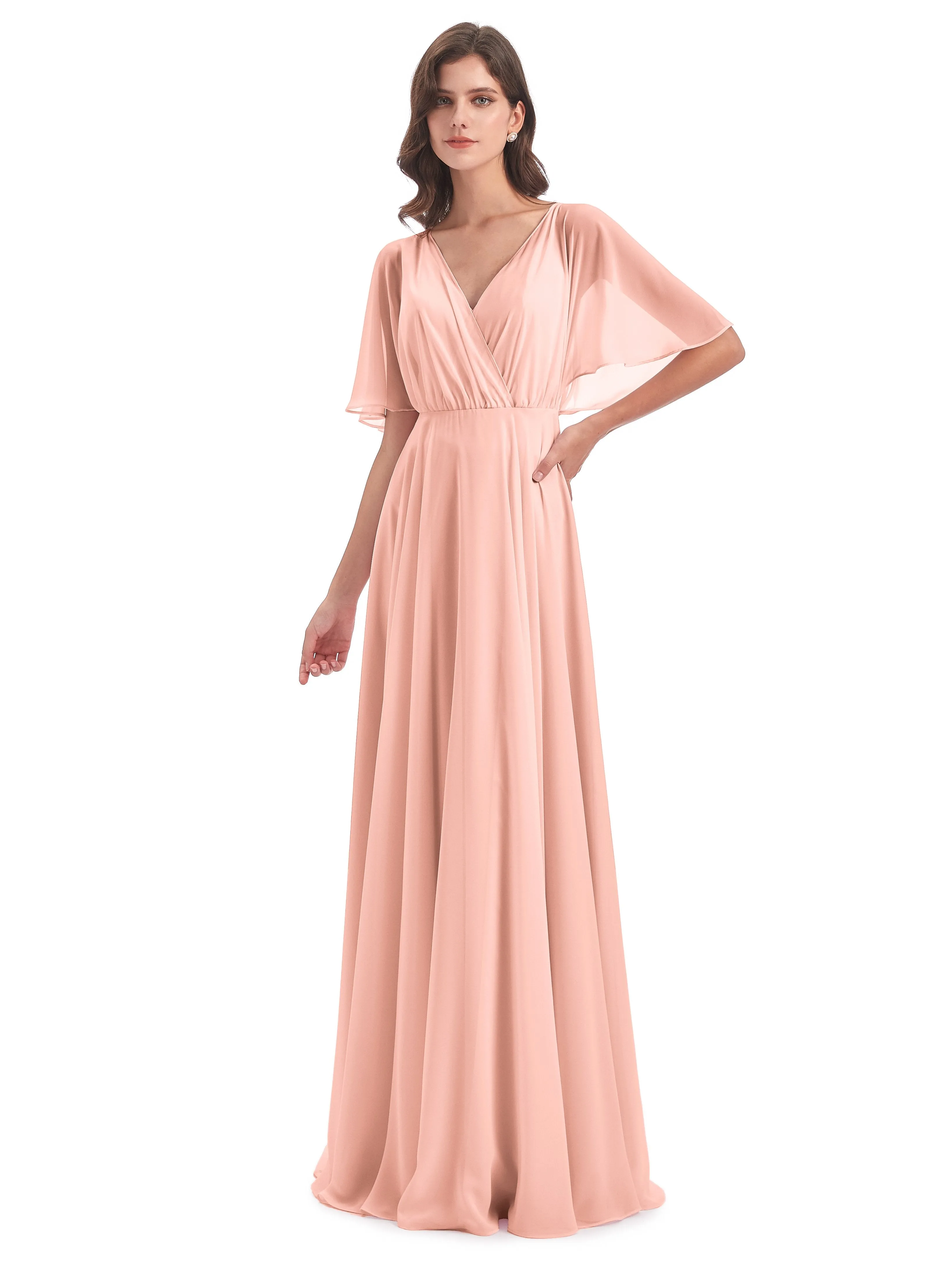 Ada Casual Chiffon A-line Short Sleeves Long Chiffon Bridesmaid Dresses