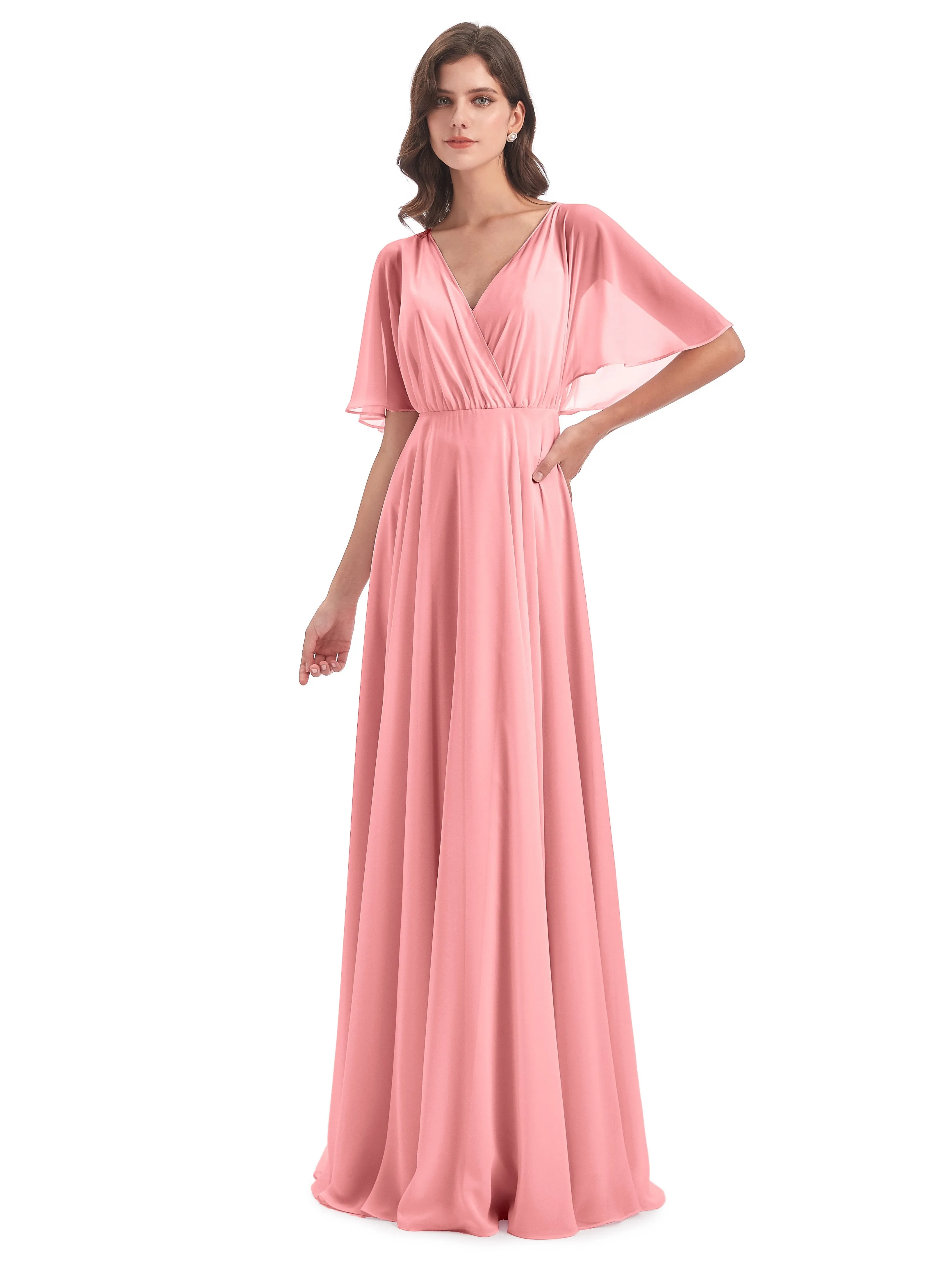 Ada Casual Chiffon A-line Short Sleeves Long Chiffon Bridesmaid Dresses