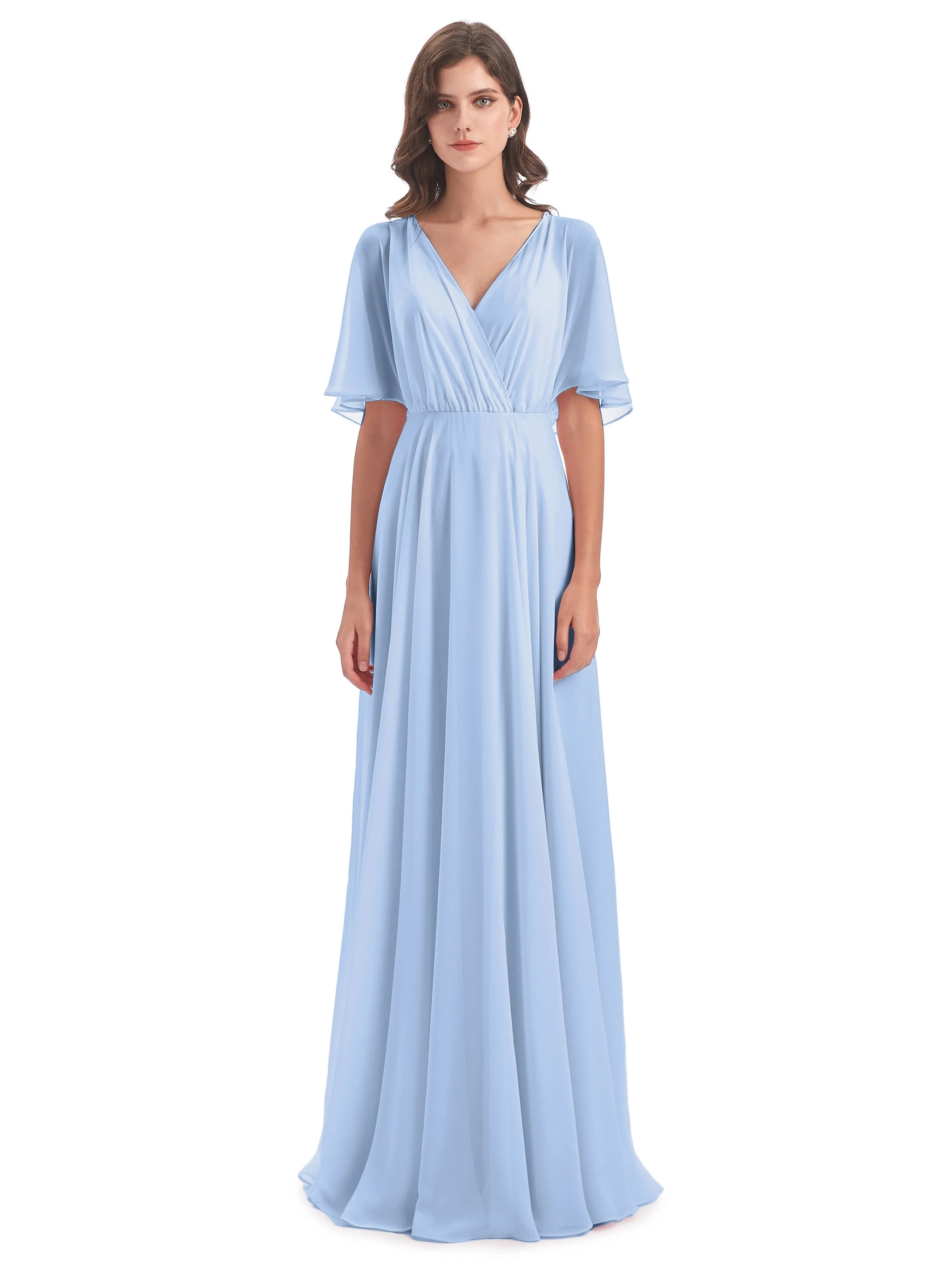 Ada Casual Chiffon A-line Short Sleeves Long Chiffon Bridesmaid Dresses