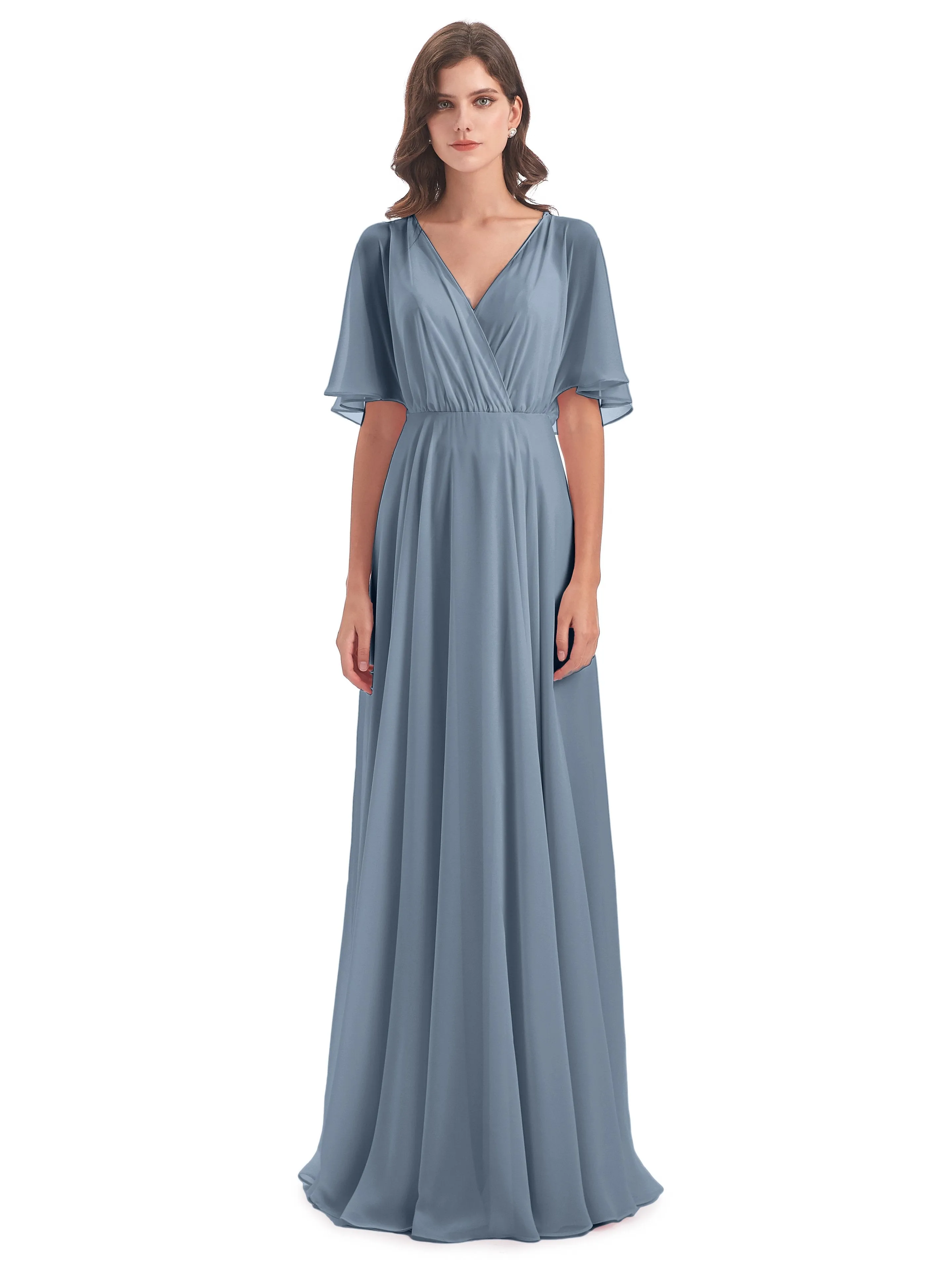 Ada Casual Chiffon A-line Short Sleeves Long Chiffon Bridesmaid Dresses