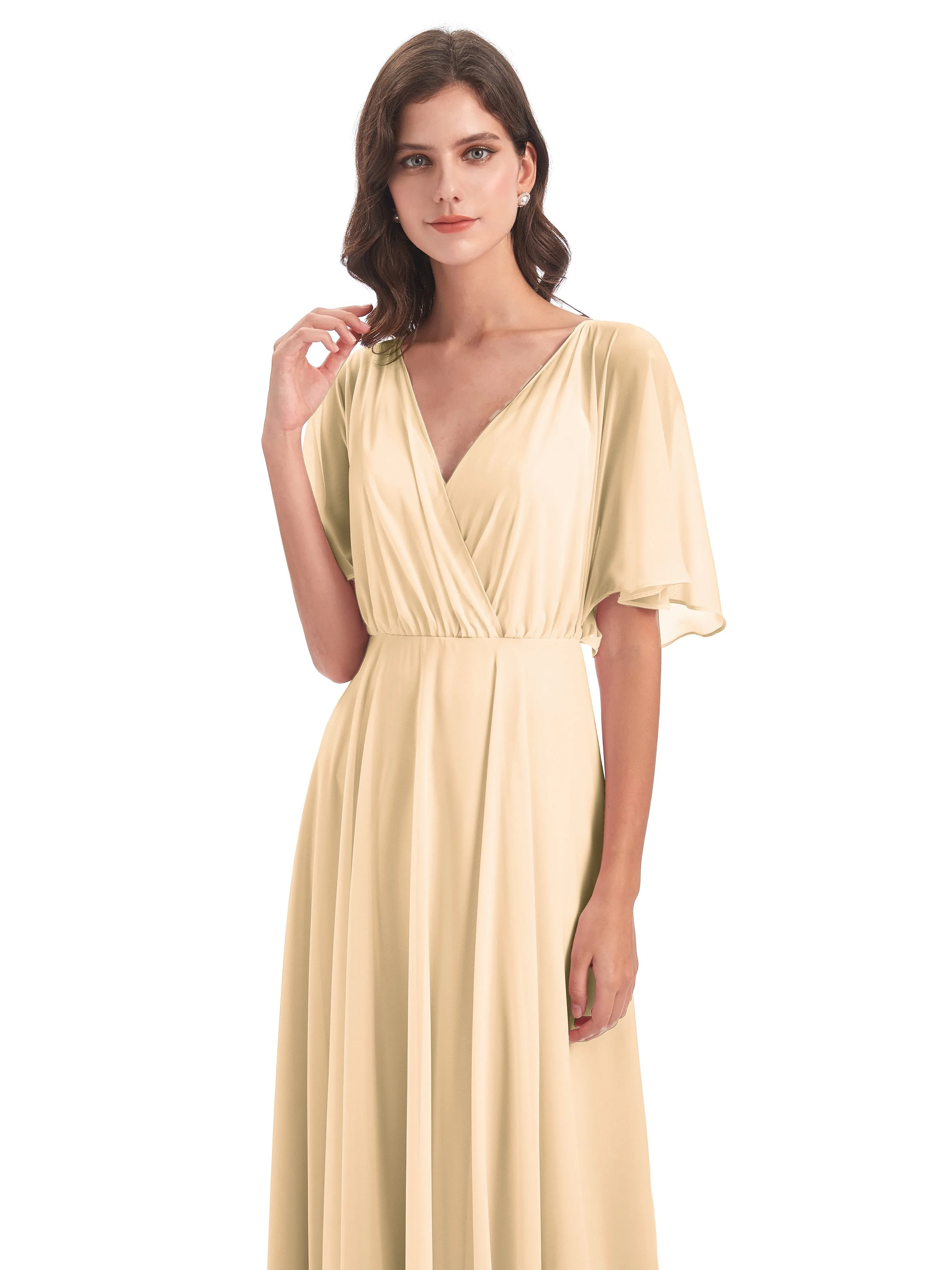 Ada Casual Chiffon A-line Short Sleeves Long Chiffon Bridesmaid Dresses