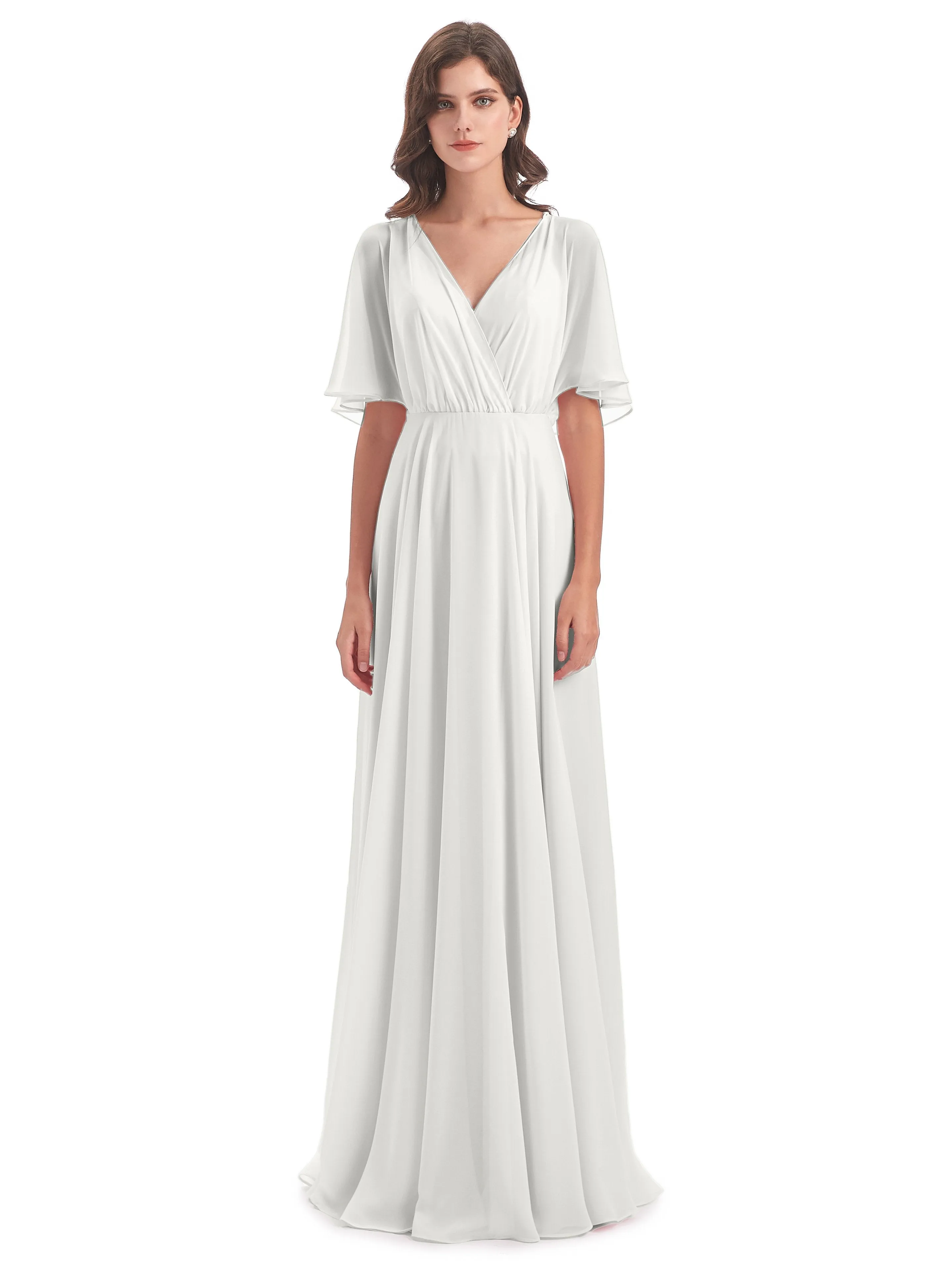 Ada Casual Chiffon A-line Short Sleeves Long Chiffon Bridesmaid Dresses