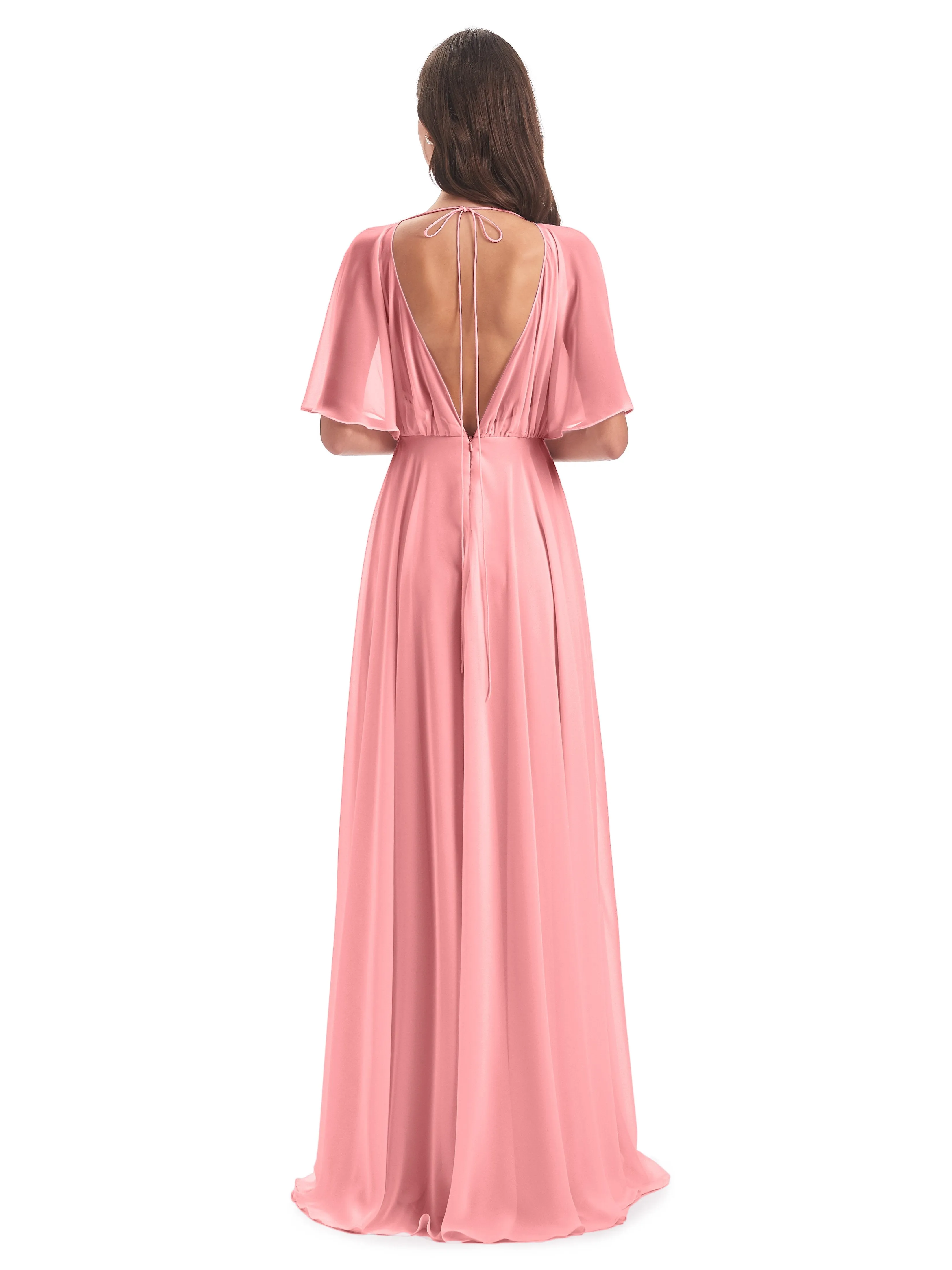 Ada Casual Chiffon A-line Short Sleeves Long Chiffon Bridesmaid Dresses