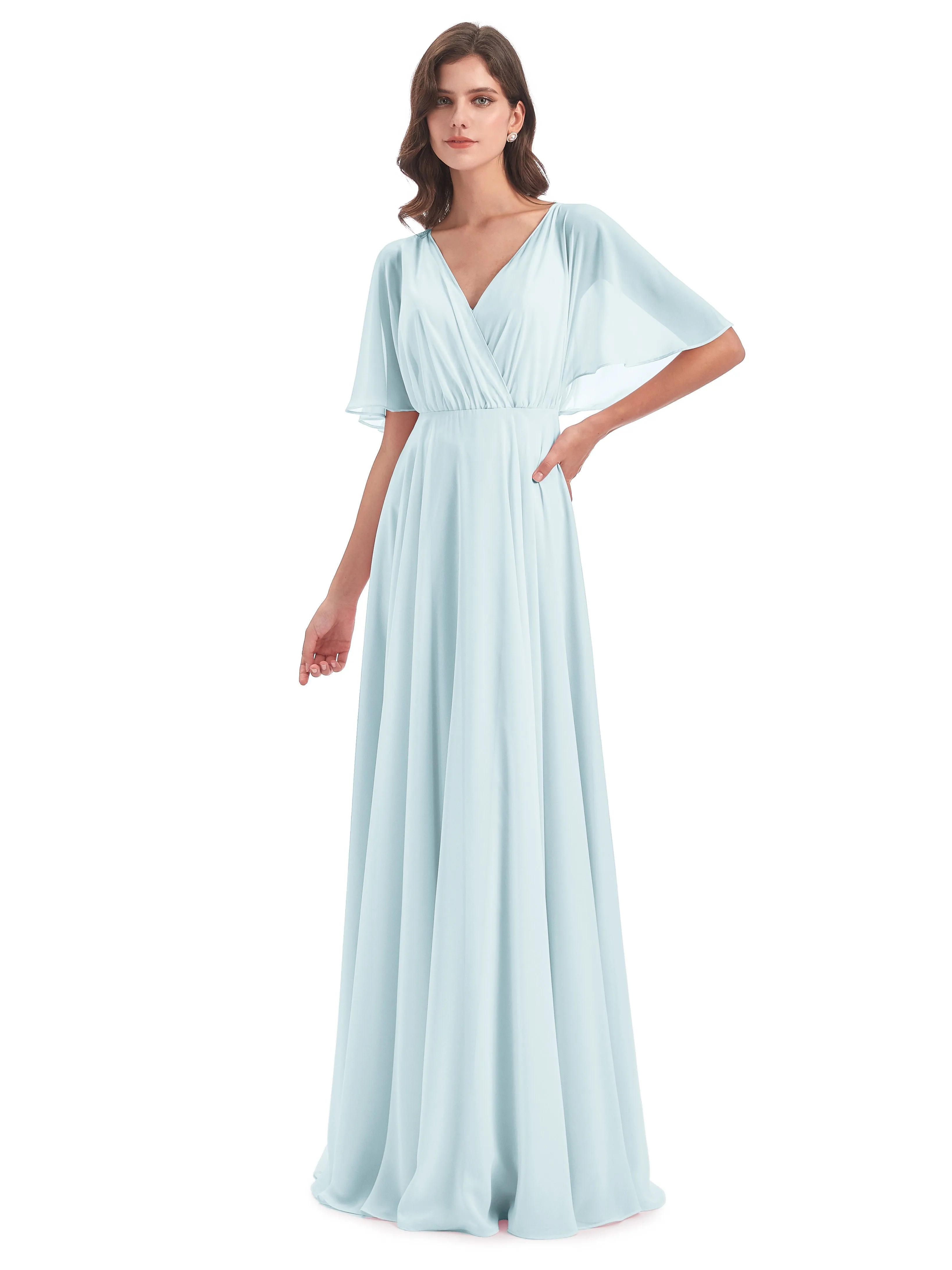 Ada Casual Chiffon A-line Short Sleeves Long Chiffon Bridesmaid Dresses