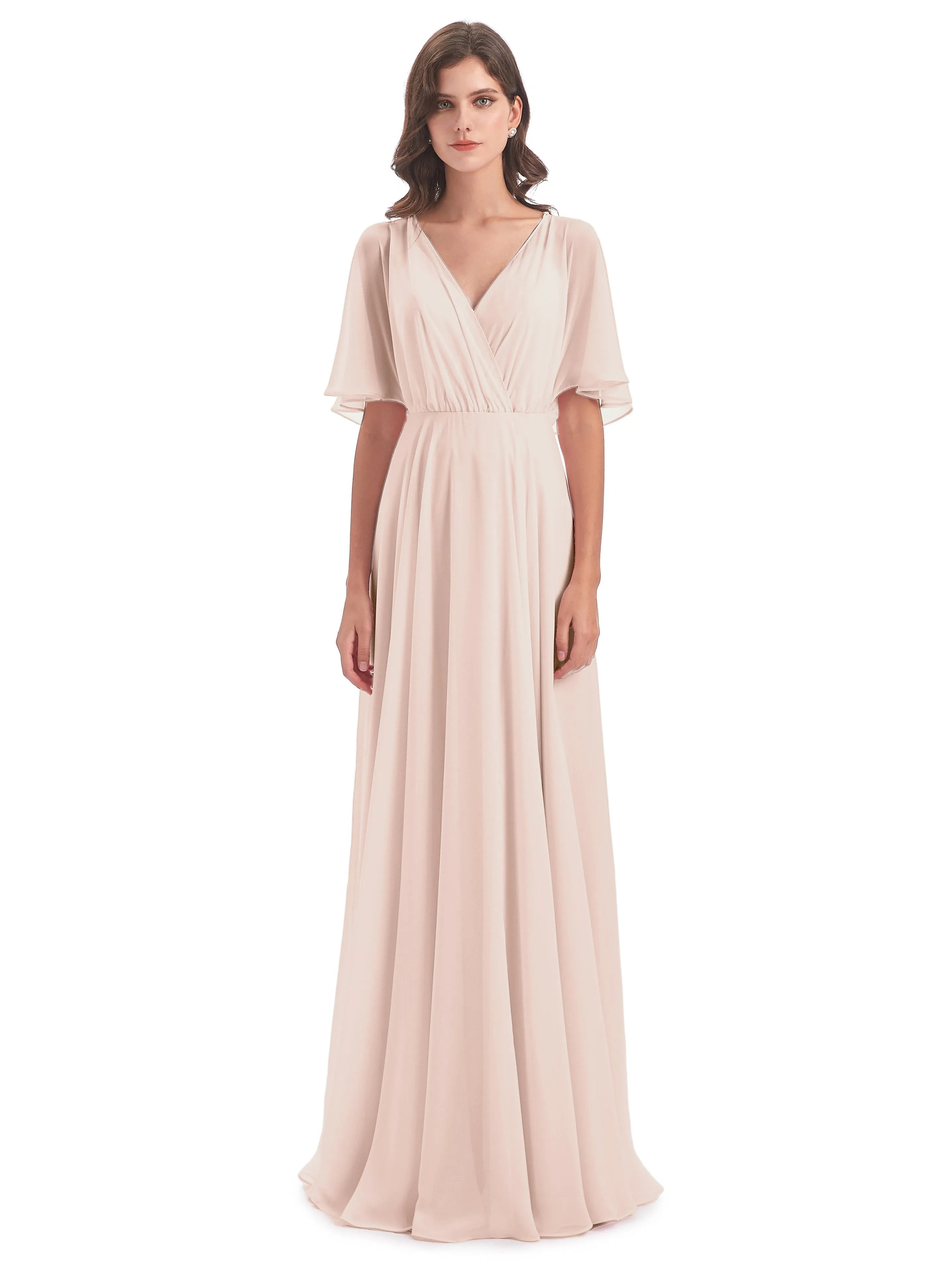 Ada Casual Chiffon A-line Short Sleeves Long Chiffon Bridesmaid Dresses