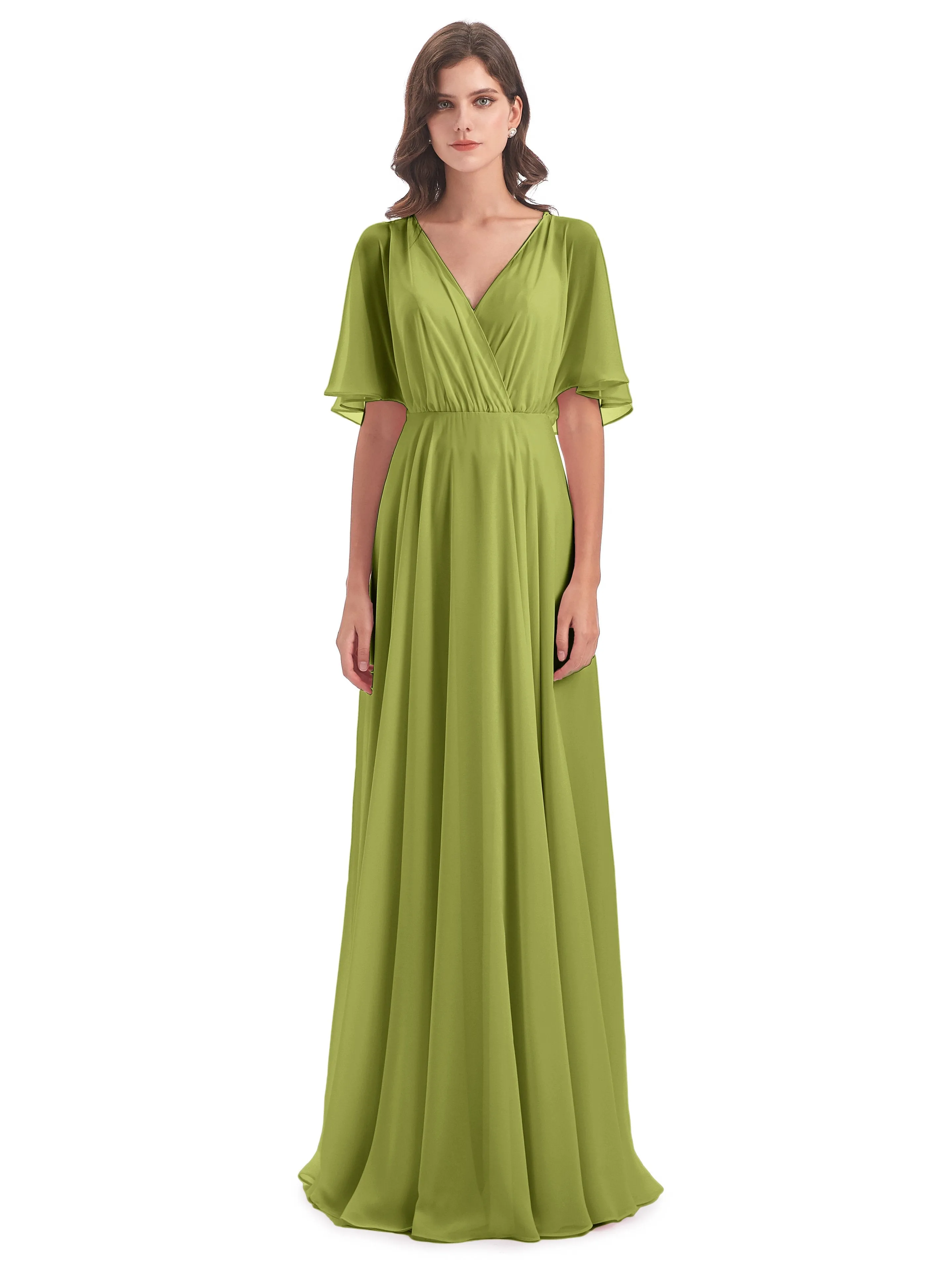 Ada Casual Chiffon A-line Short Sleeves Long Chiffon Bridesmaid Dresses