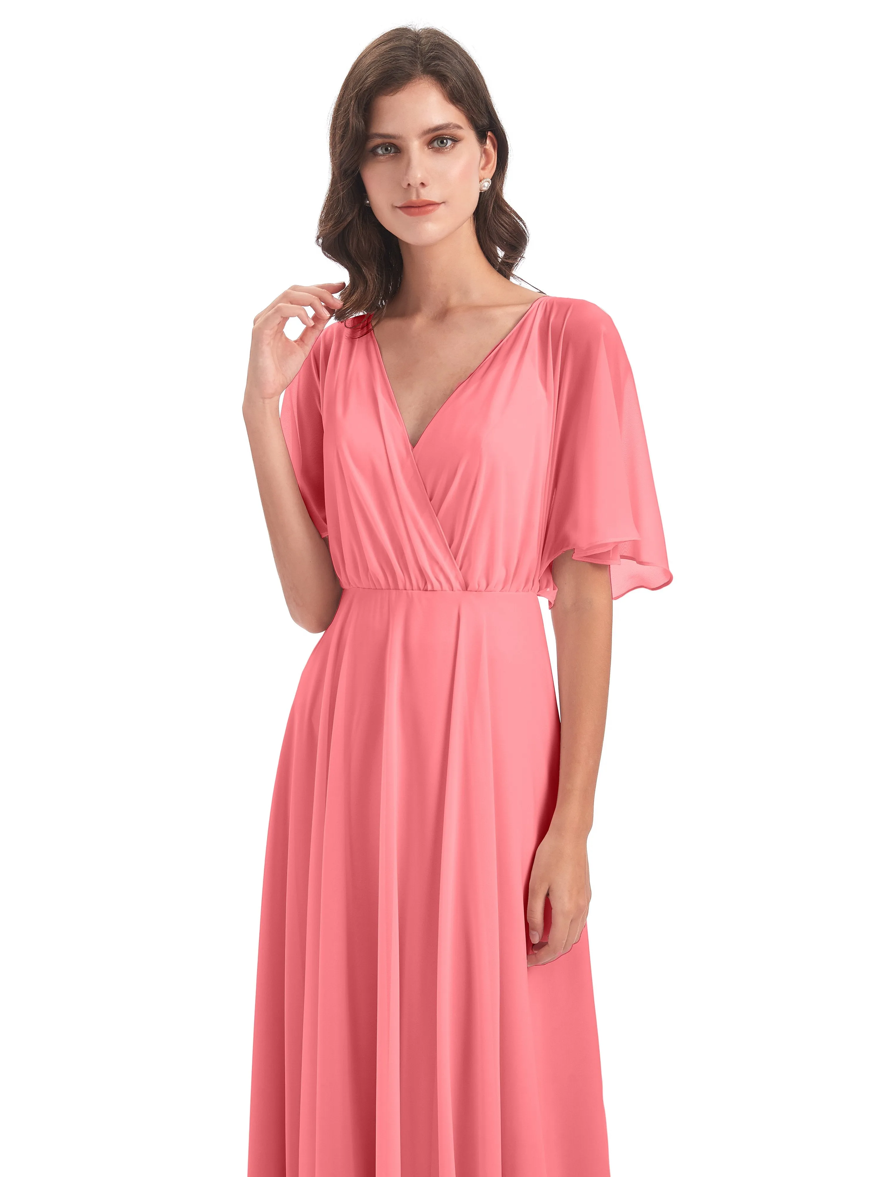 Ada Casual Chiffon A-line Short Sleeves Long Chiffon Bridesmaid Dresses