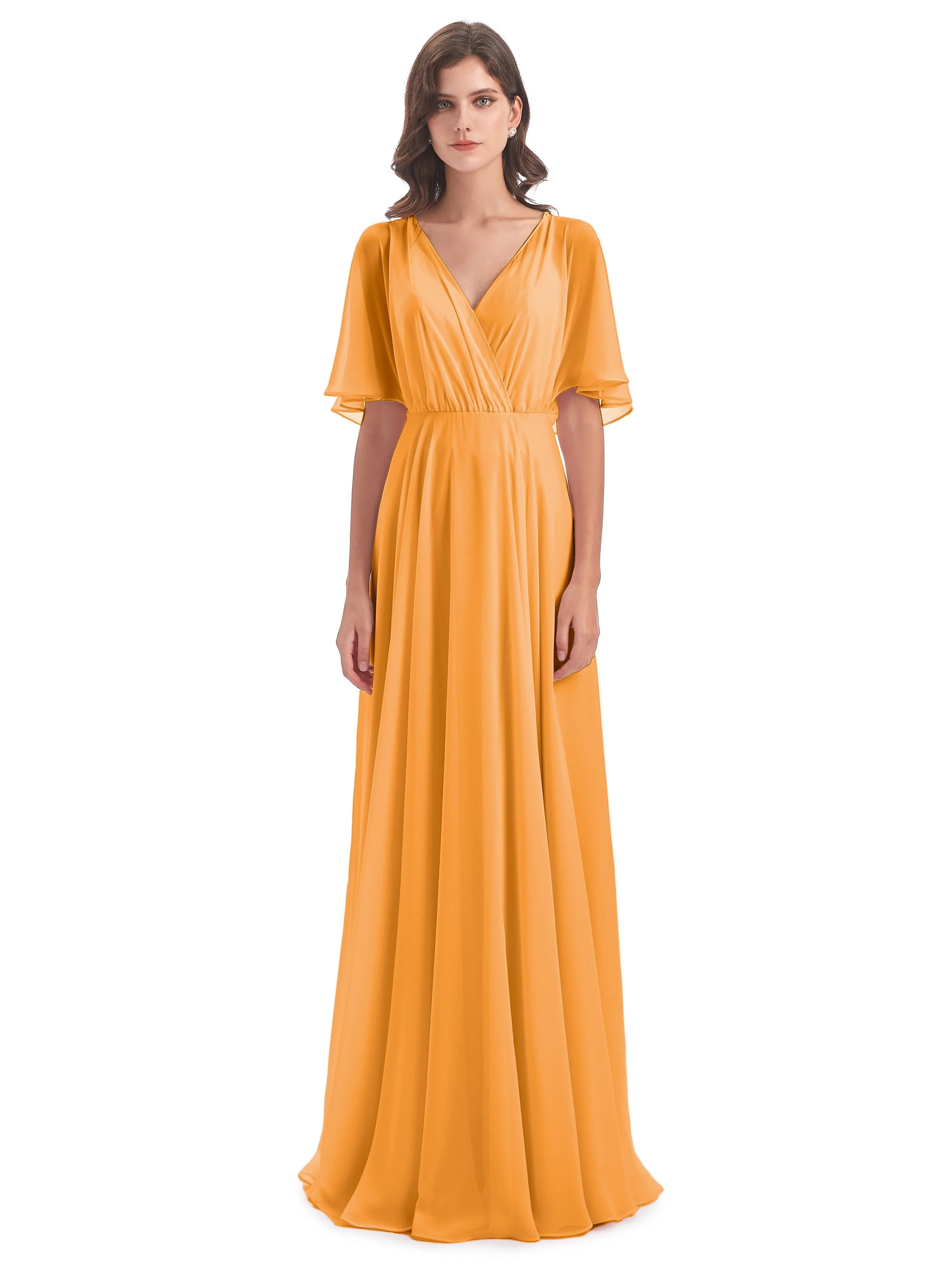 Ada Casual Chiffon A-line Short Sleeves Long Chiffon Bridesmaid Dresses