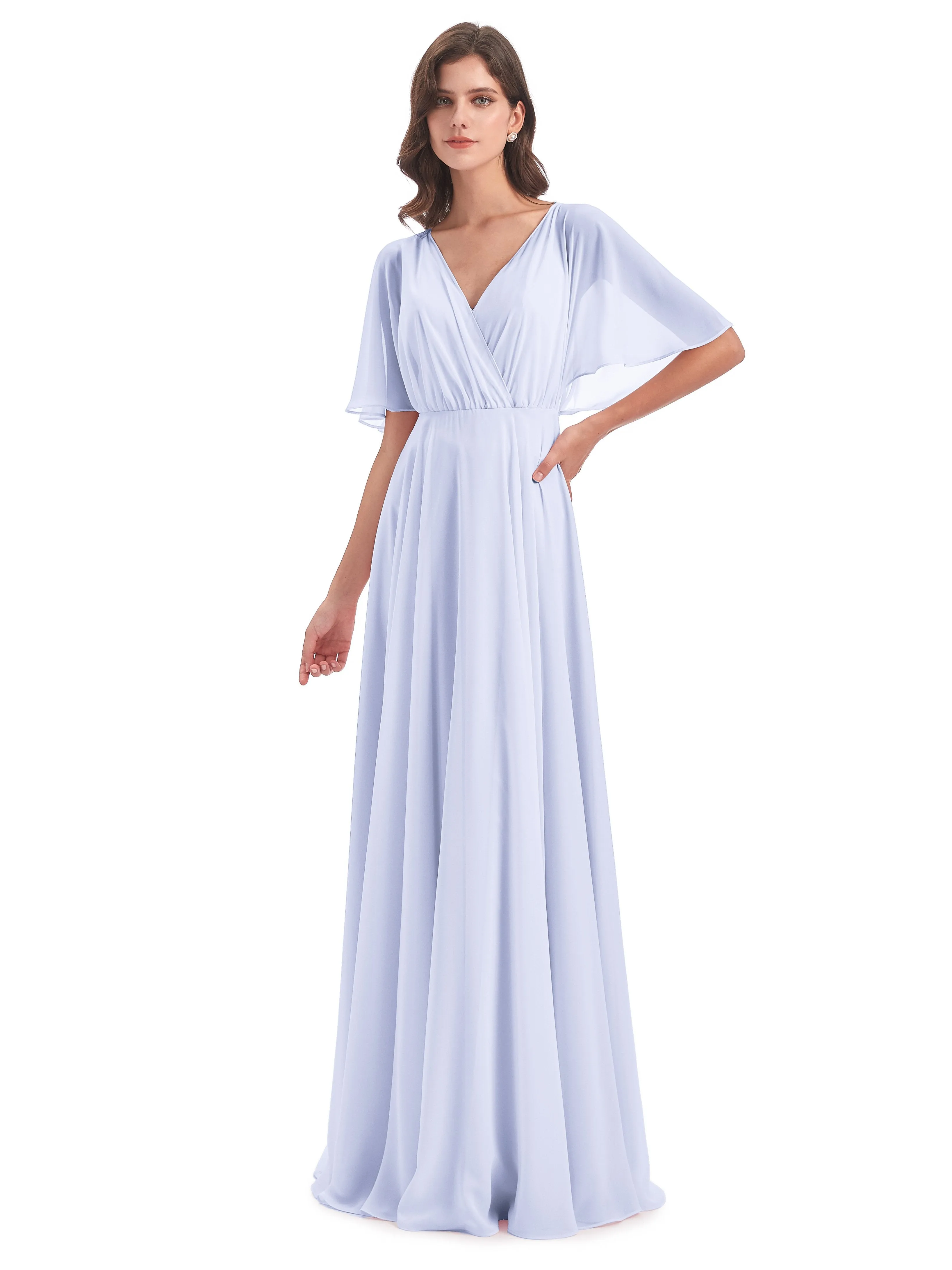 Ada Casual Chiffon A-line Short Sleeves Long Chiffon Bridesmaid Dresses