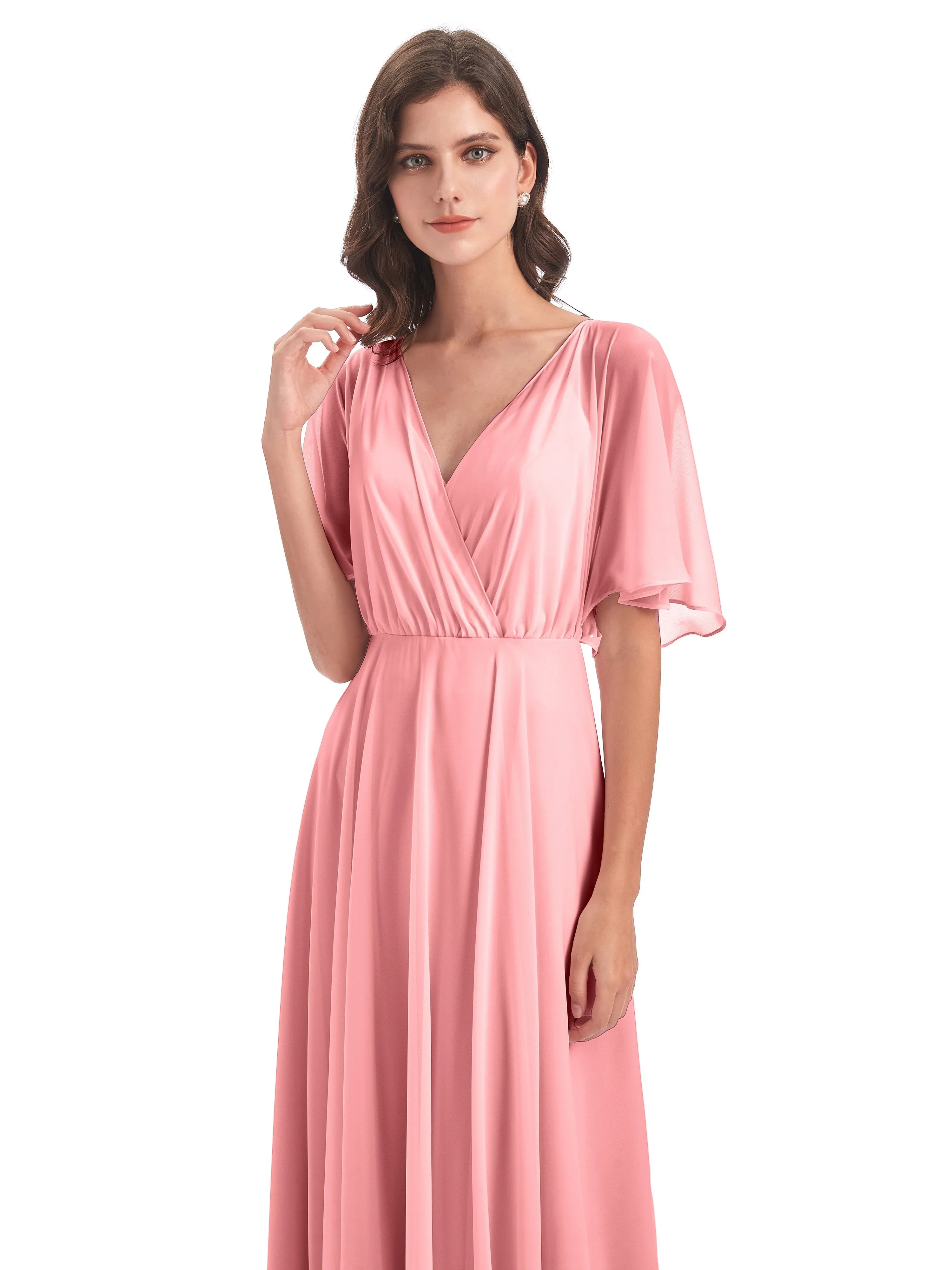 Ada Casual Chiffon A-line Short Sleeves Long Chiffon Bridesmaid Dresses