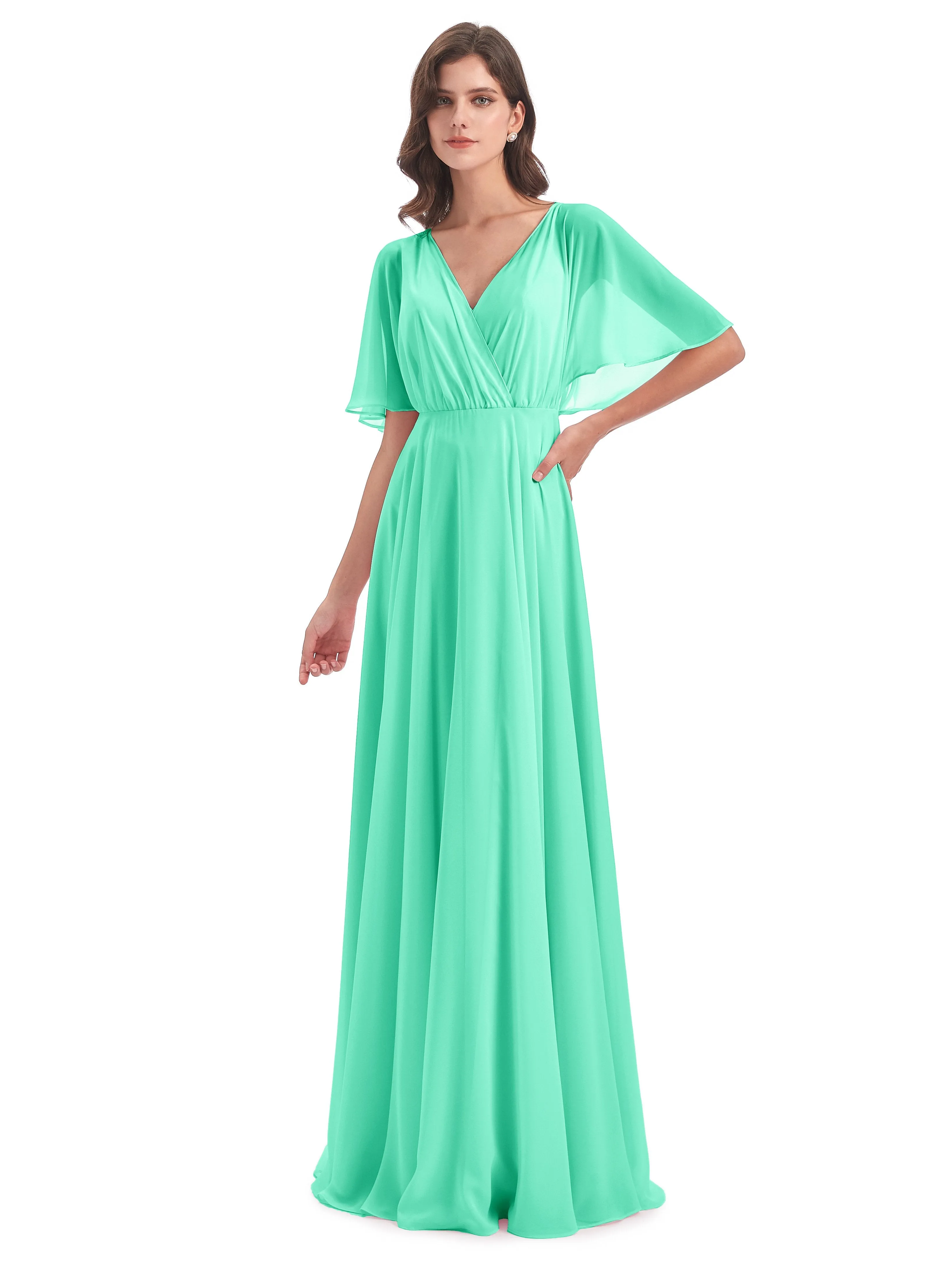 Ada Casual Chiffon A-line Short Sleeves Long Chiffon Bridesmaid Dresses