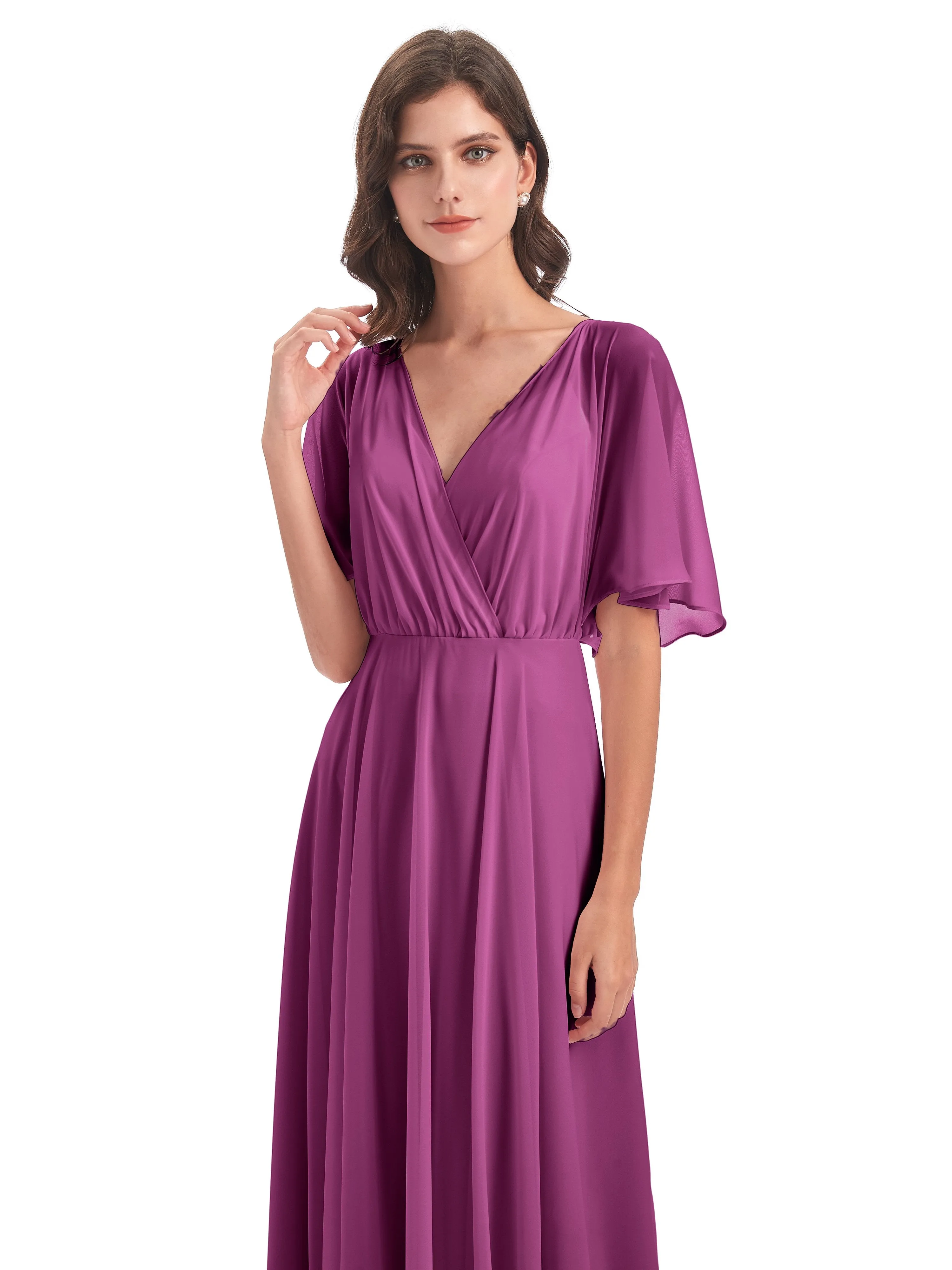 Ada Casual Chiffon A-line Short Sleeves Long Chiffon Bridesmaid Dresses