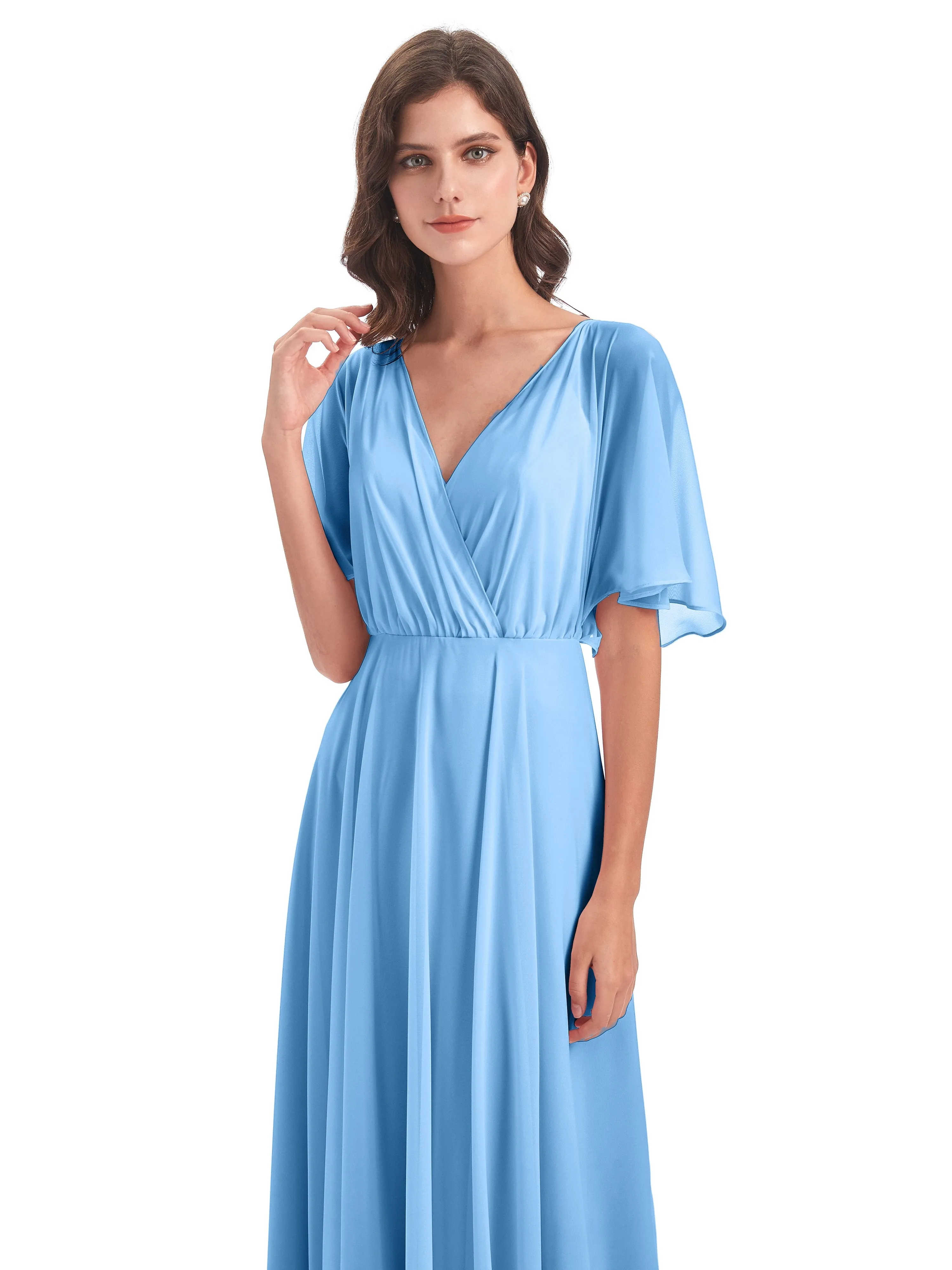 Ada Casual Chiffon A-line Short Sleeves Long Chiffon Bridesmaid Dresses