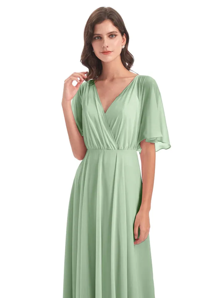 Ada Casual Chiffon A-line Short Sleeves Long Chiffon Bridesmaid Dresses