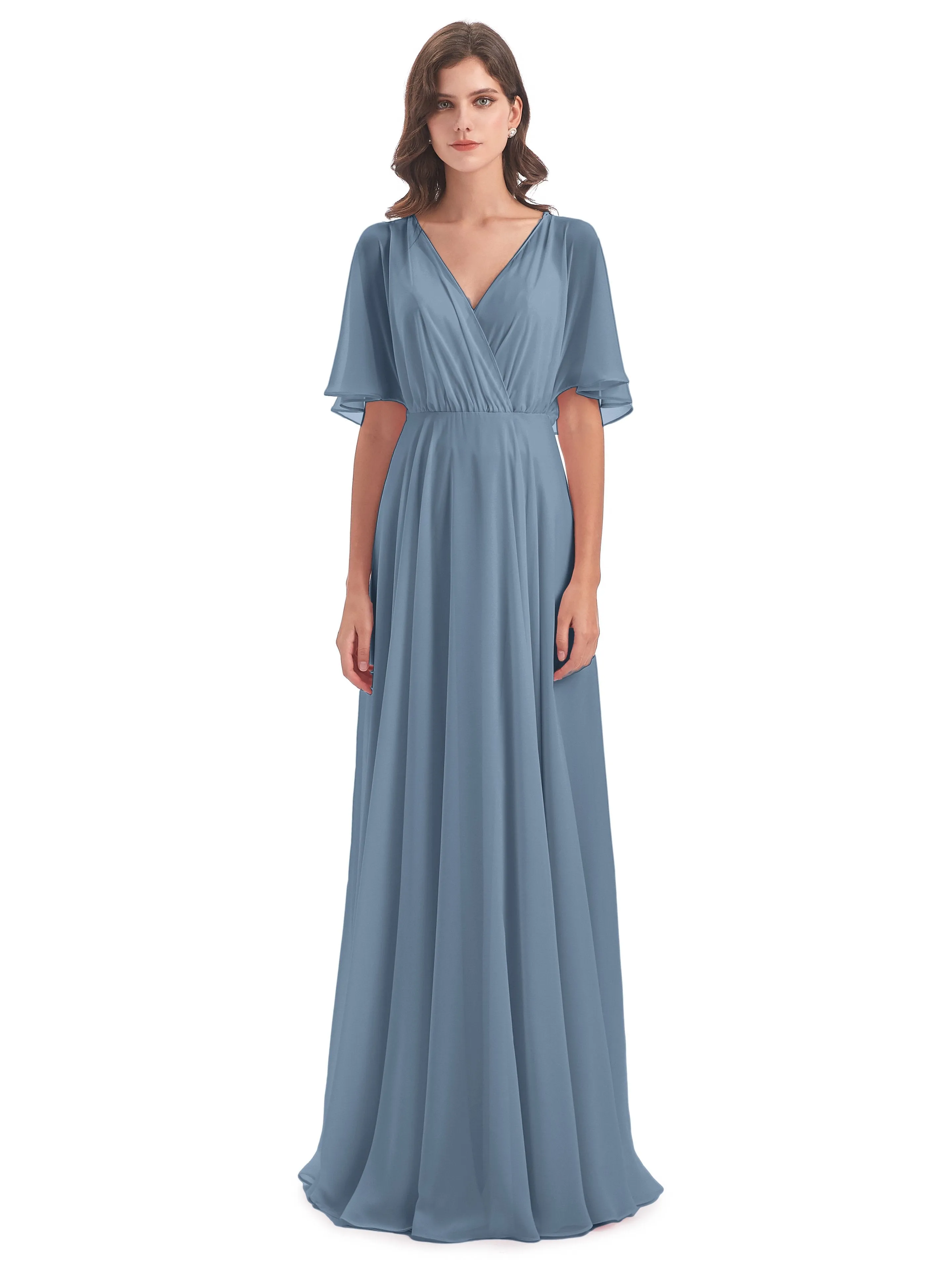 Ada Casual Chiffon A-line Short Sleeves Long Chiffon Bridesmaid Dresses