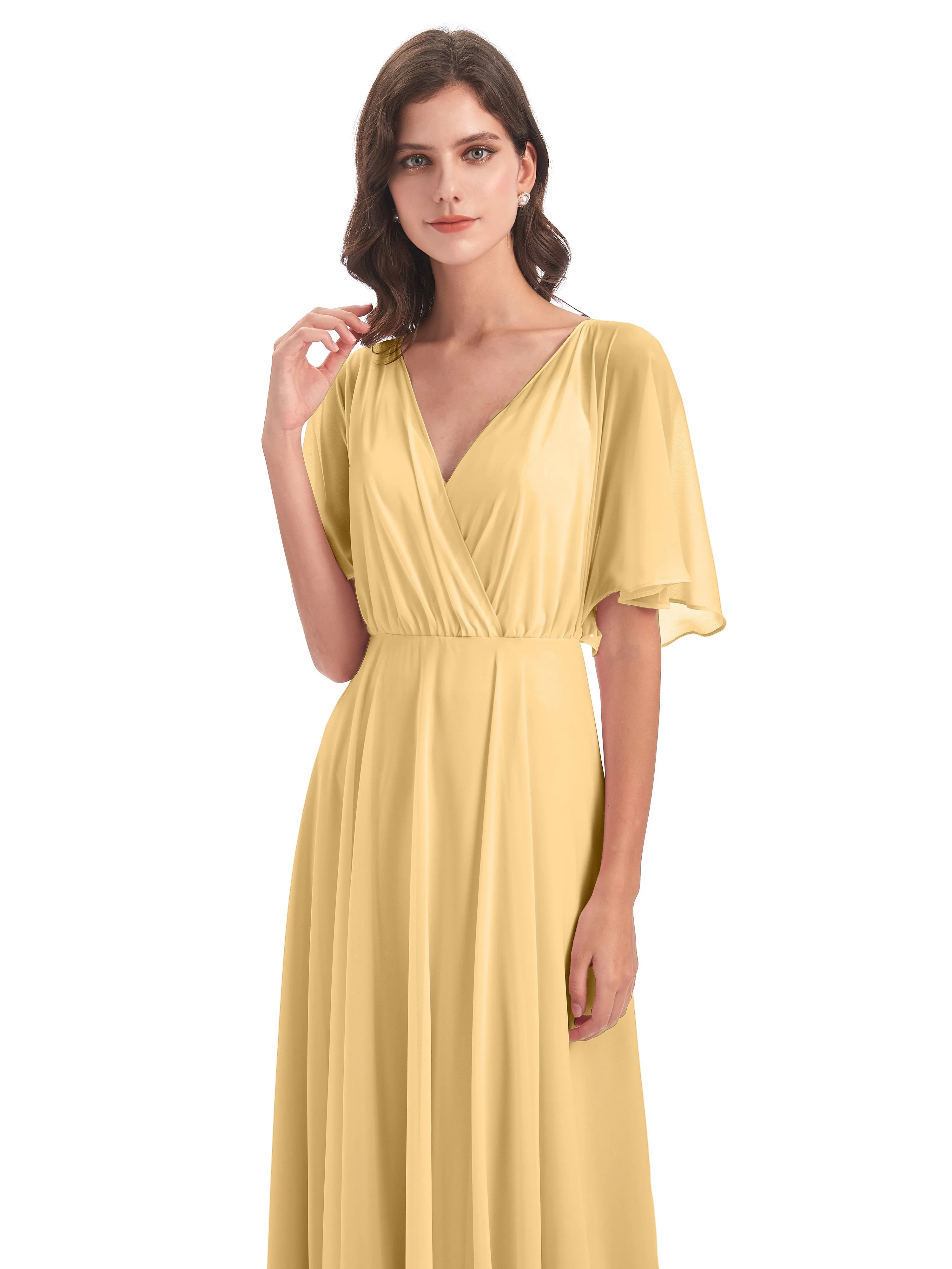 Ada Casual Chiffon A-line Short Sleeves Long Chiffon Bridesmaid Dresses