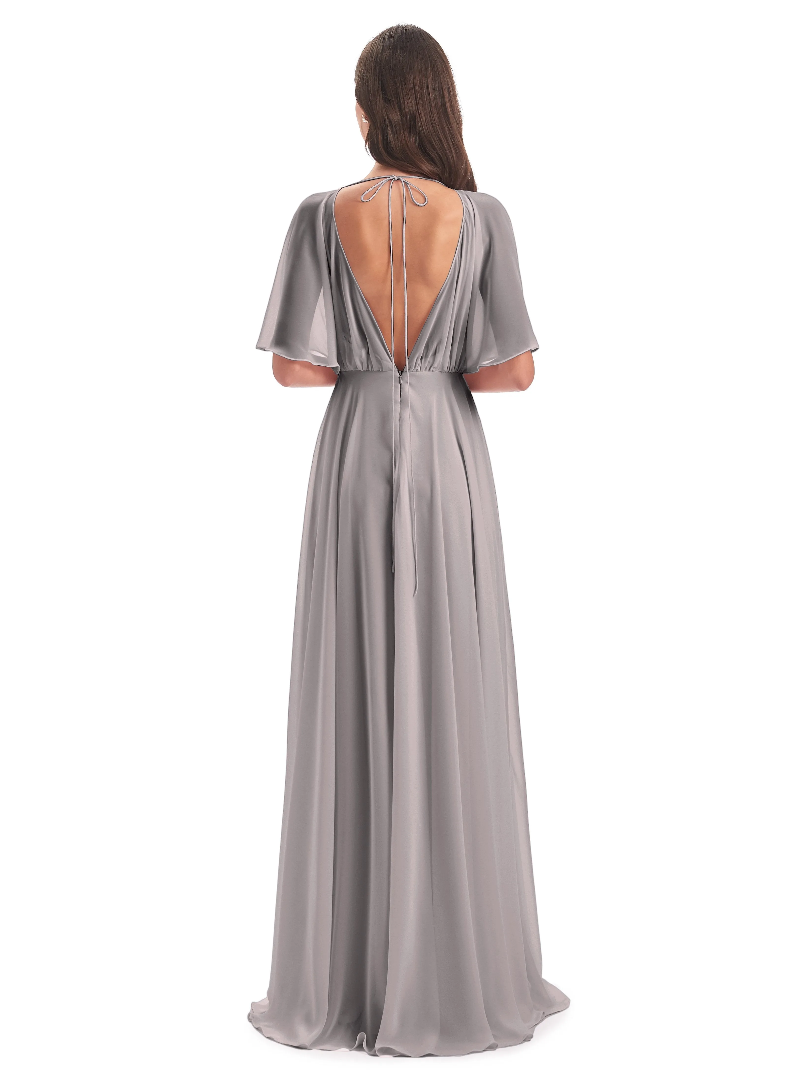 Ada Casual Chiffon A-line Short Sleeves Long Chiffon Bridesmaid Dresses