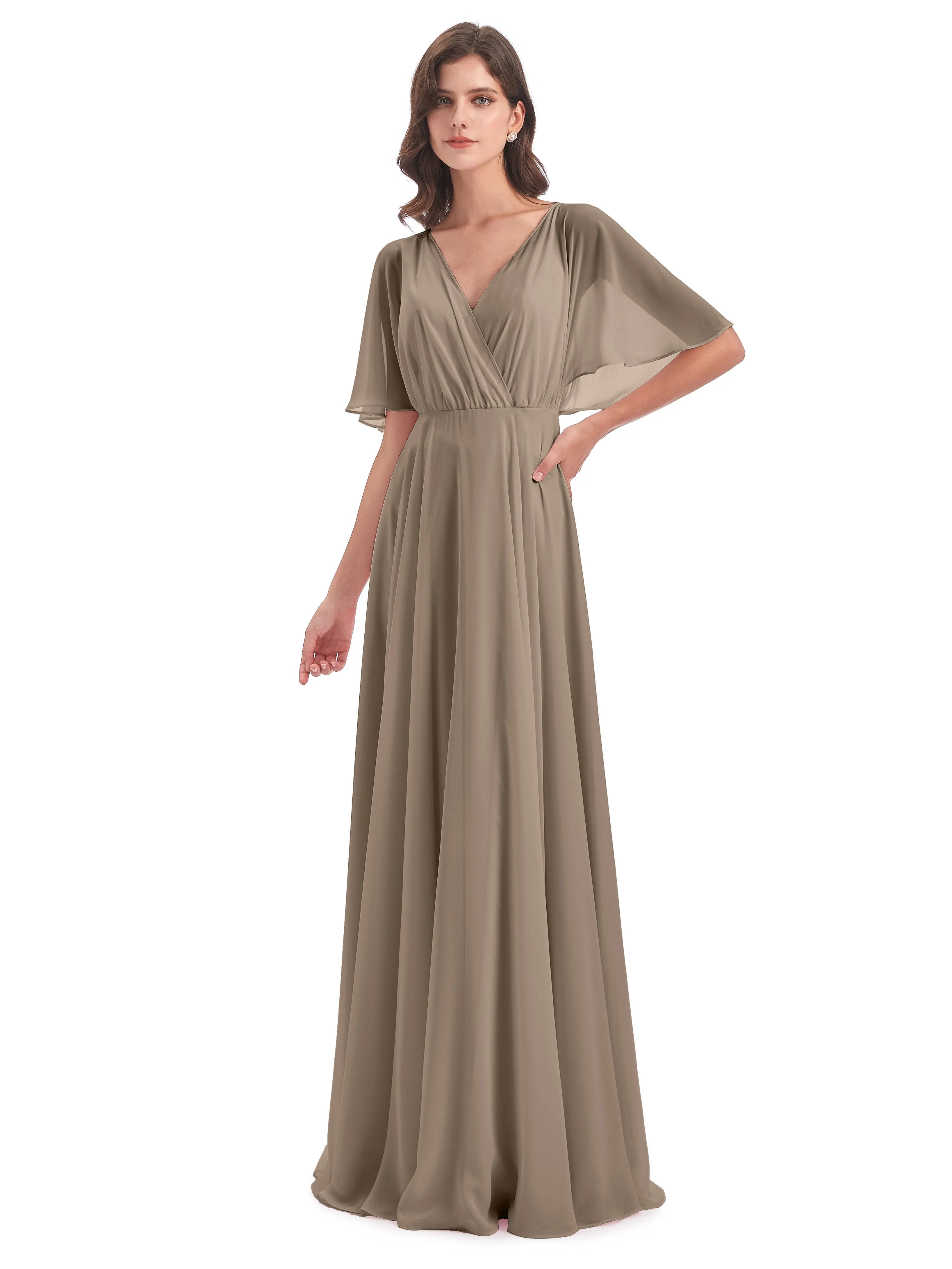 Ada Casual Chiffon A-line Short Sleeves Long Chiffon Bridesmaid Dresses