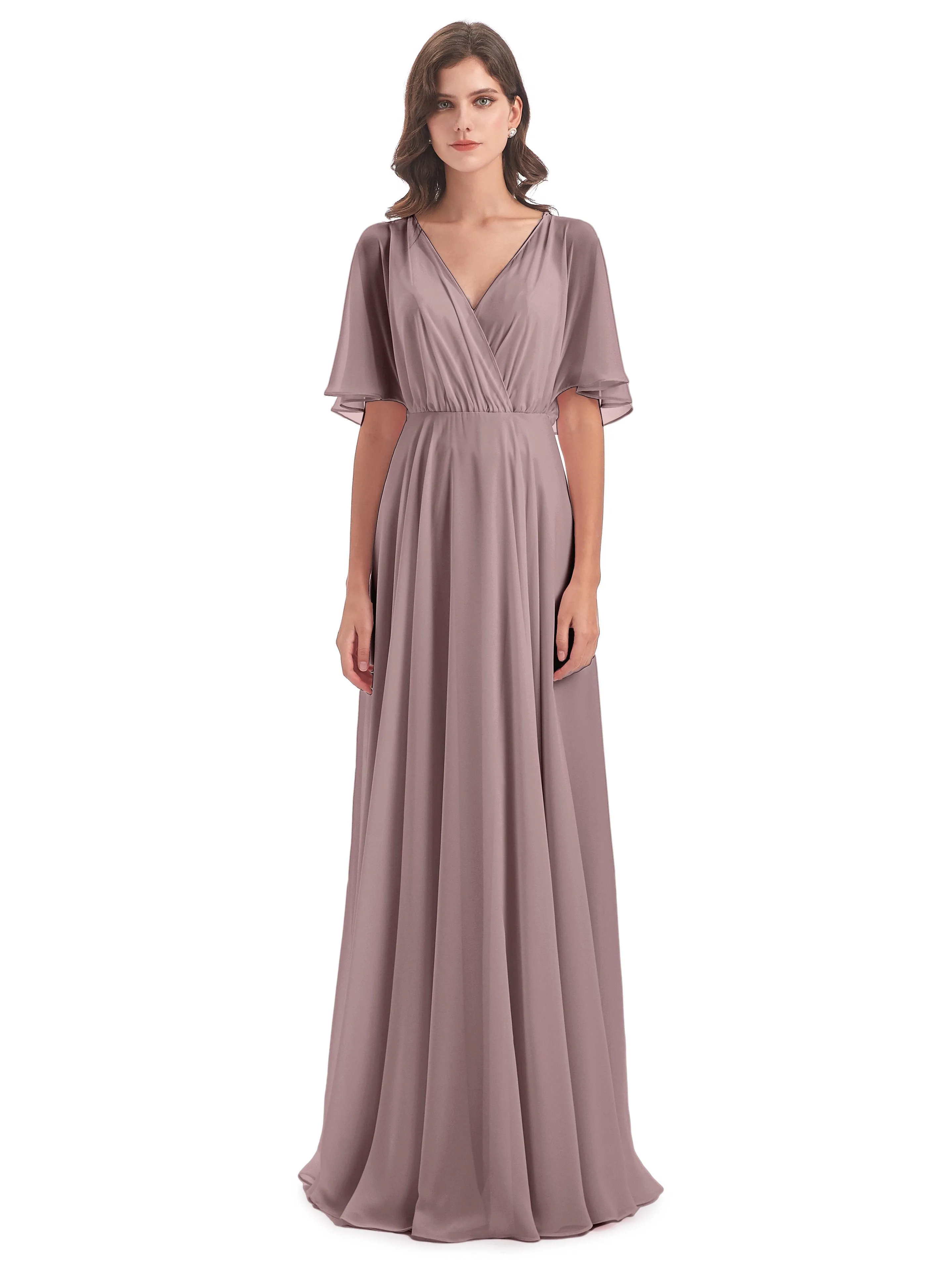 Ada Casual Chiffon A-line Short Sleeves Long Chiffon Bridesmaid Dresses