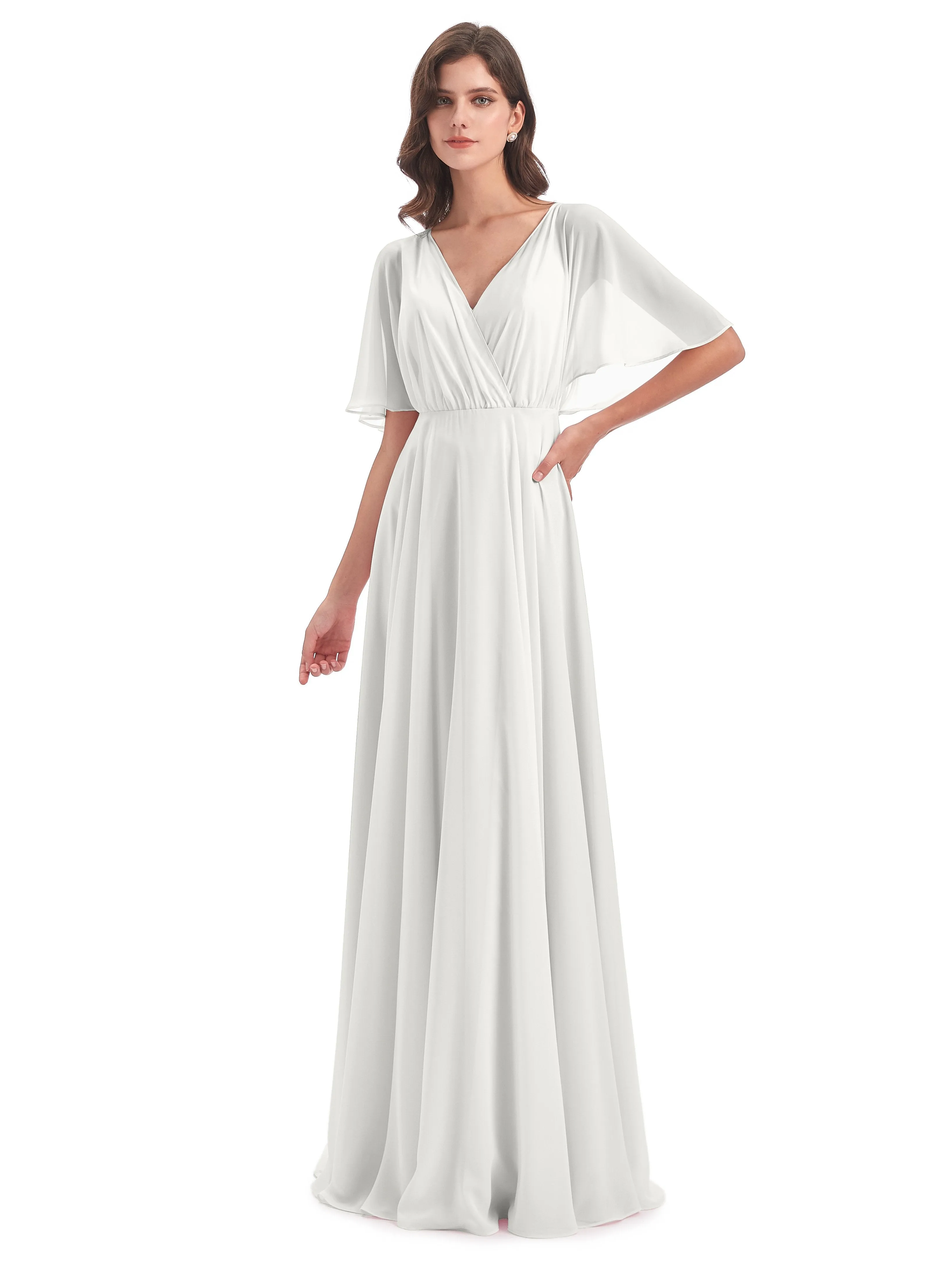 Ada Casual Chiffon A-line Short Sleeves Long Chiffon Bridesmaid Dresses