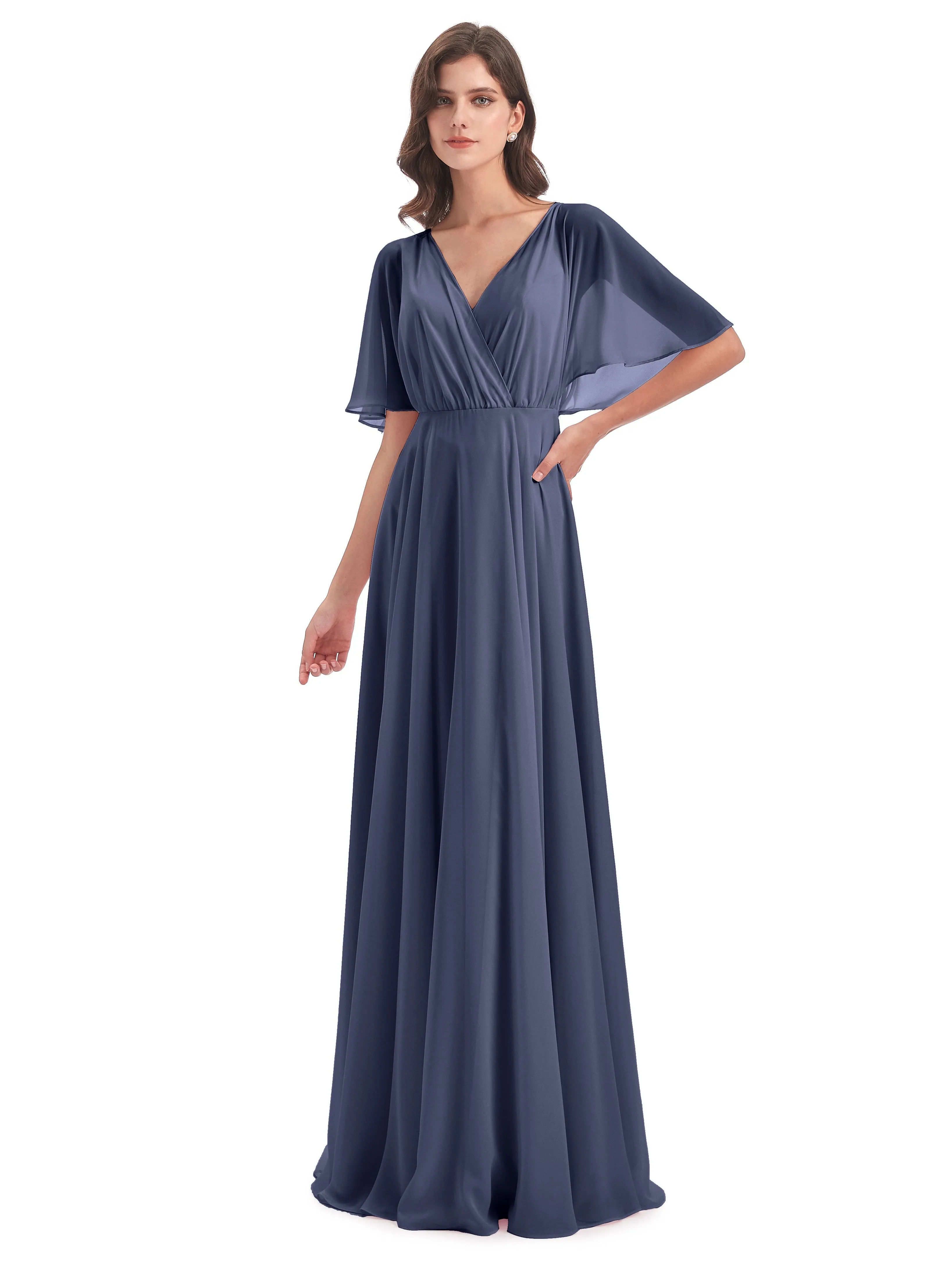 Ada Casual Chiffon A-line Short Sleeves Long Chiffon Bridesmaid Dresses