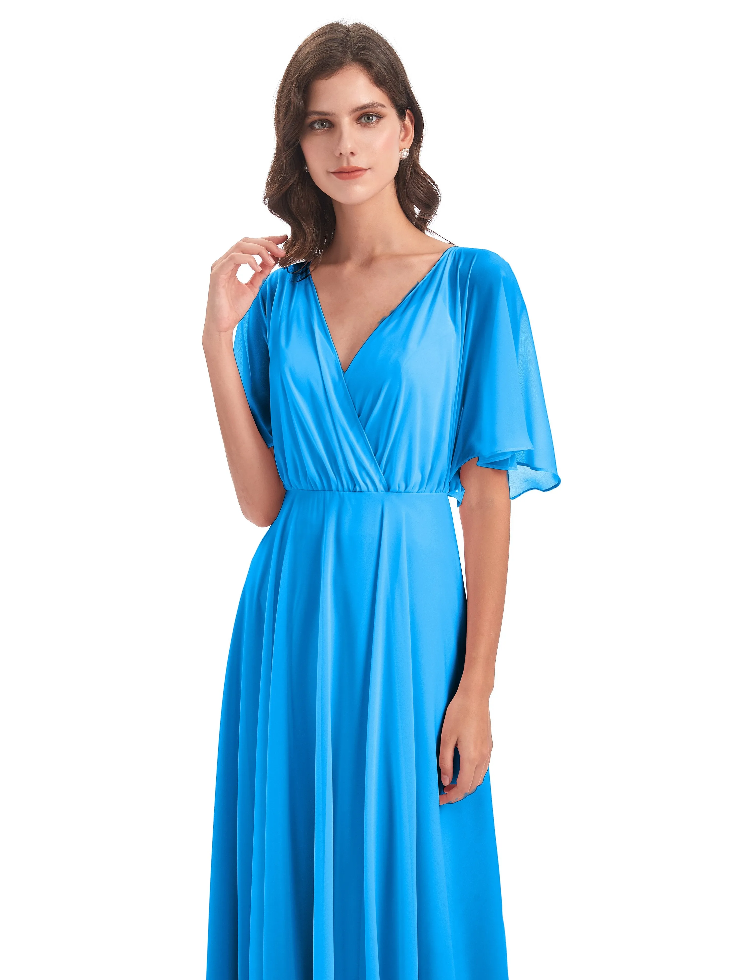 Ada Casual Chiffon A-line Short Sleeves Long Chiffon Bridesmaid Dresses