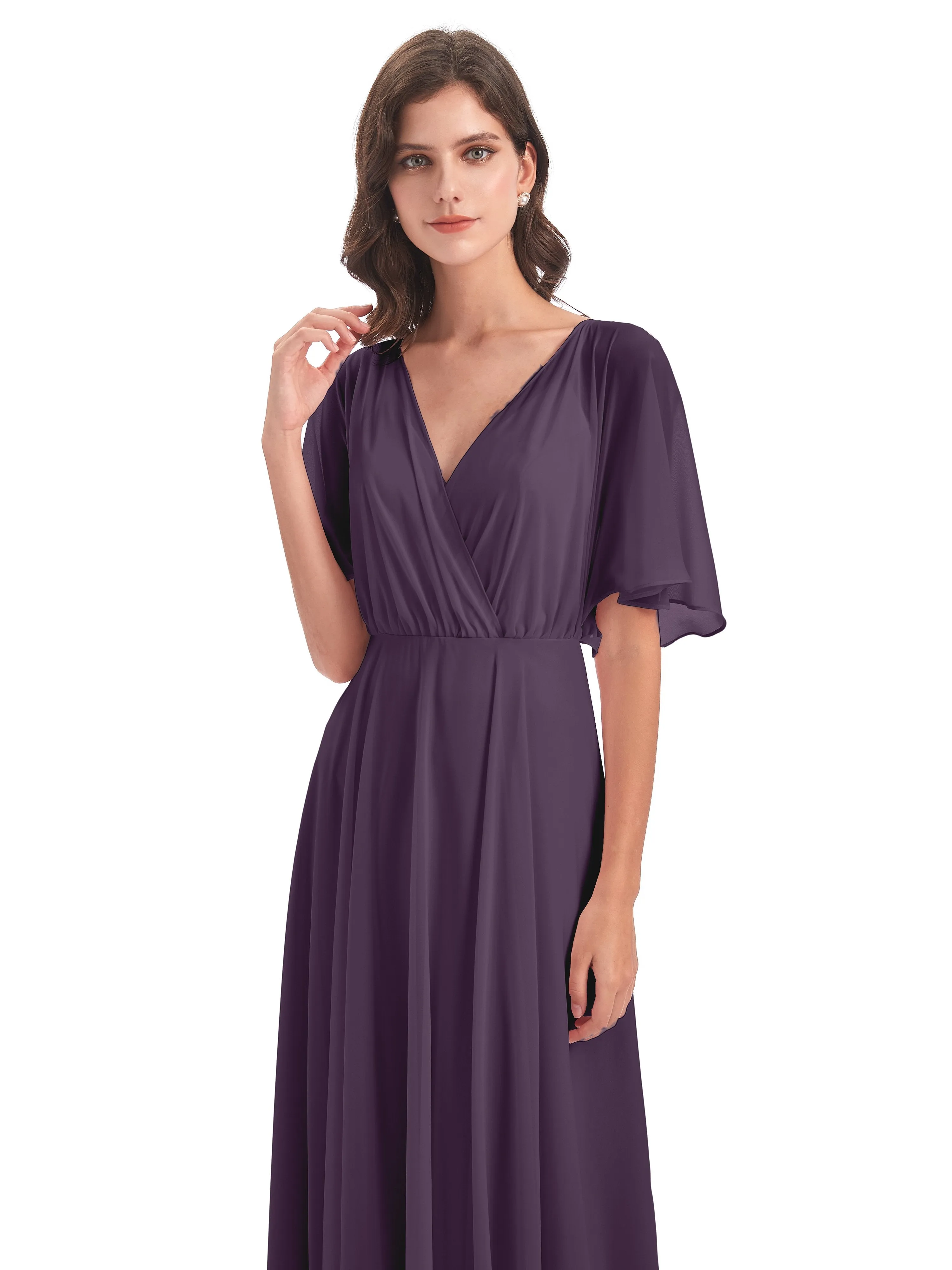 Ada Casual Chiffon A-line Short Sleeves Long Chiffon Bridesmaid Dresses