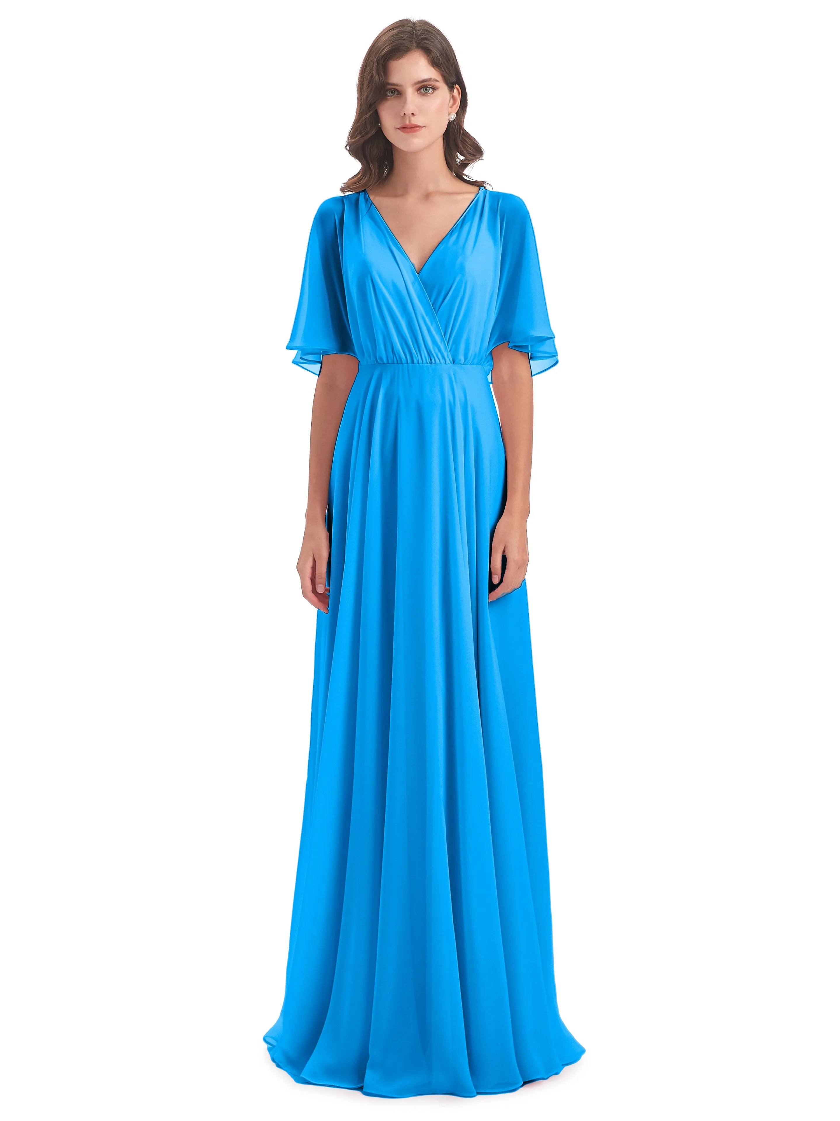 Ada Casual Chiffon A-line Short Sleeves Long Chiffon Bridesmaid Dresses