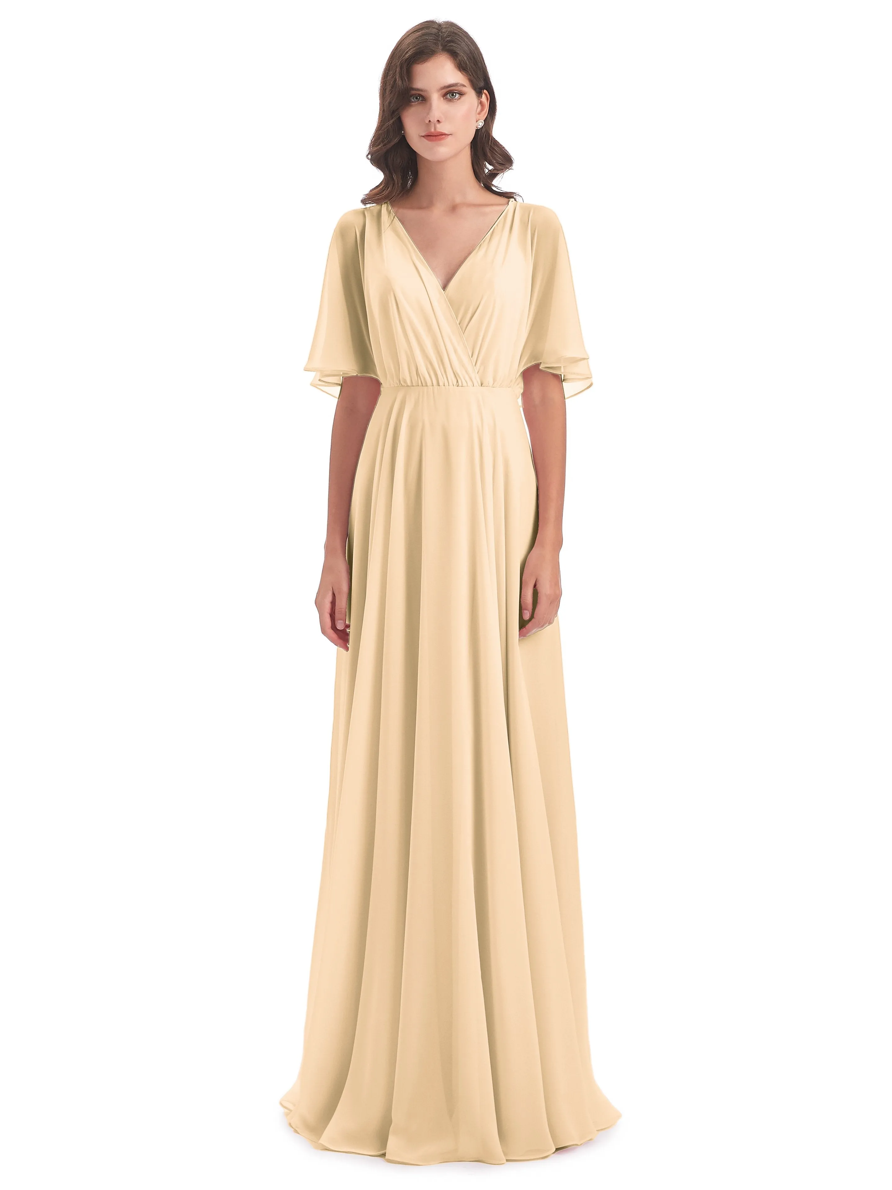 Ada Casual Chiffon A-line Short Sleeves Long Chiffon Bridesmaid Dresses